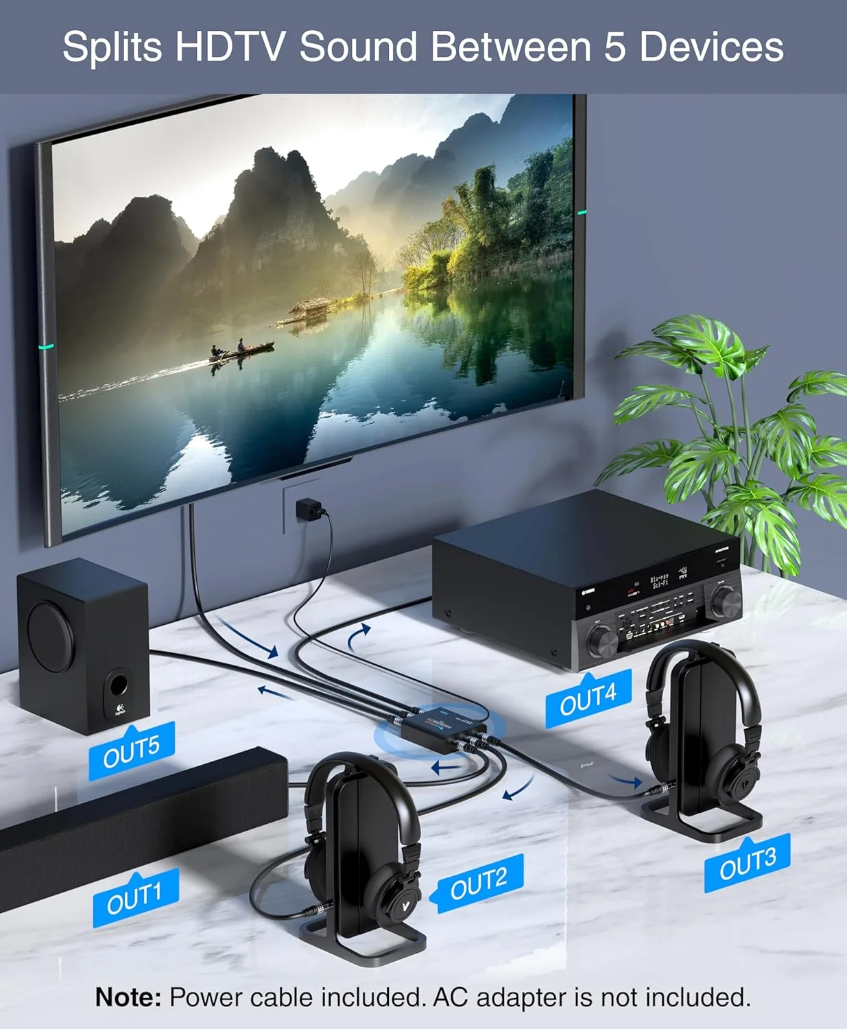 اسپلیتر صوتی اپتیکال دیجیتال BlueRigger 1x5 (اسپلیتر فعال Toslink 1 ورودی 5 خروجی، SPDIF، آداپتور صوتی فیبر نوری) - برای سینمای خانگی، ایکس باکس، PS4، DVD، پخش کننده CD، رسیور، HDTV