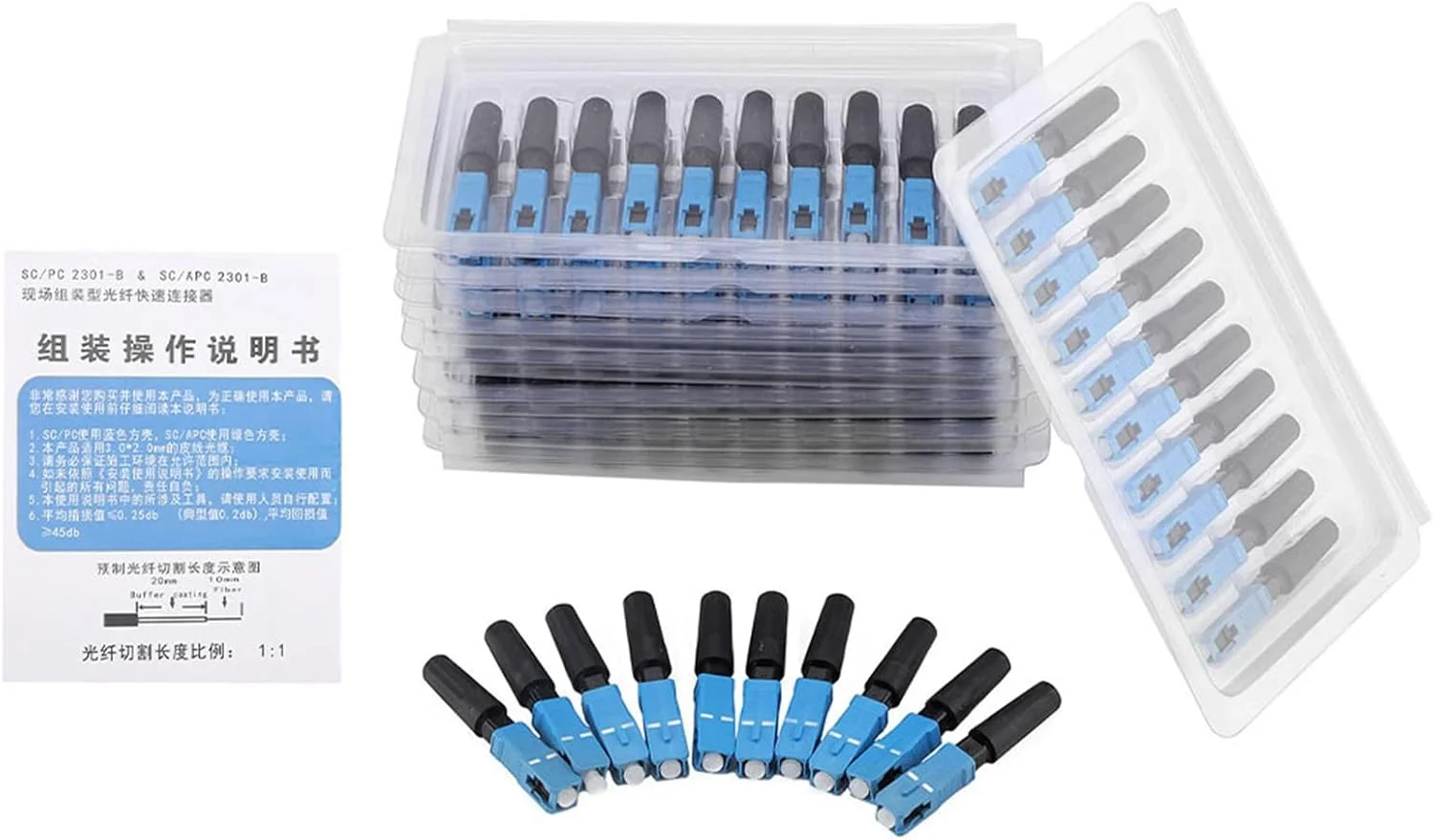 آداپتور اتصال سریع فیبر نوری SC، بسته 100 عددی، عملکرد بالا، پایدار و قابل اعتماد برای شبکه فیبر نوری FTTH، مووی آبی مشکی