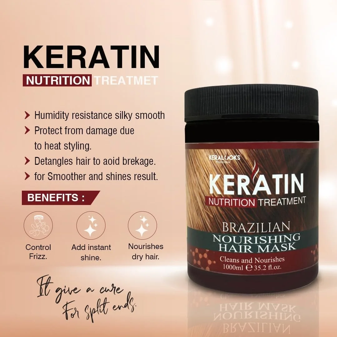 ماسک مو کراتین برزیلی مغذی برای انواع مو (بدون عطر، 1000 میلی لیتر)، 1 عدد