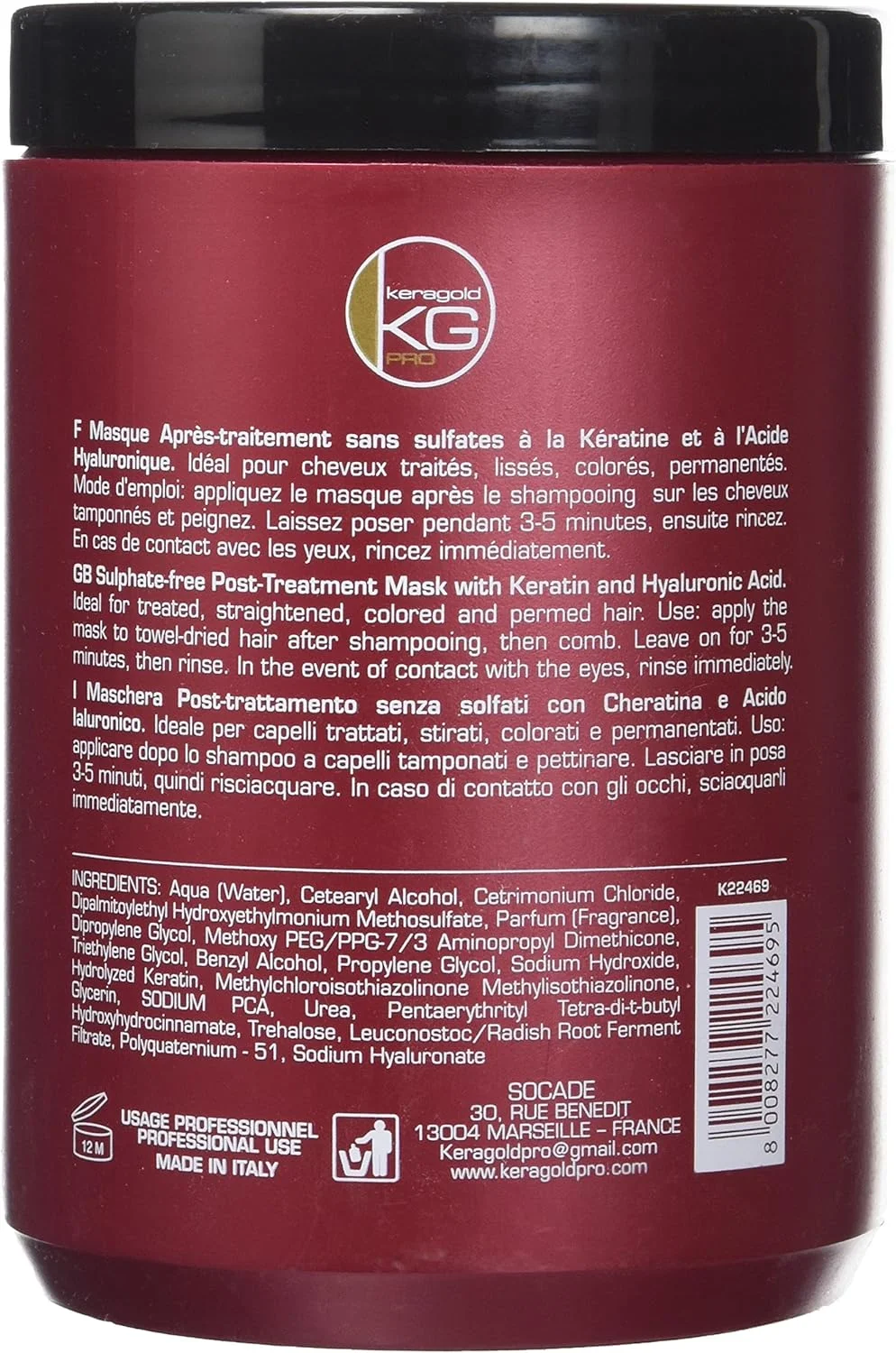 ماسک مو کراتین و هیالورونیک اسید بدون سولفات KeraGold DD حجم 1 لیتر