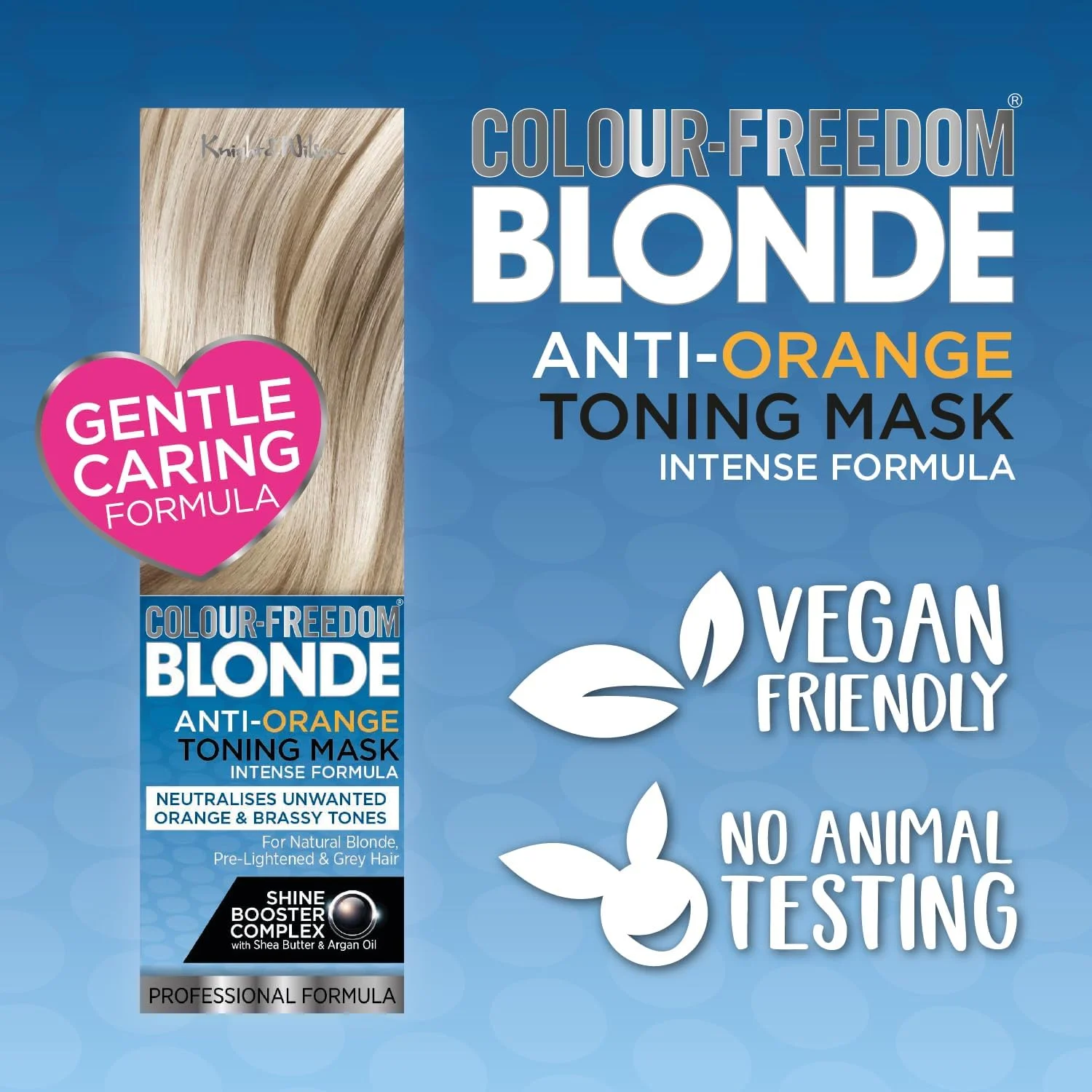 ماسک رنگساژ ضد نارنجی Knight & Wilson Colour-Freedom Blonde، درمان نرم کننده نیمه دائمی، فرمول ملایم خنثی کننده رنگ های زرد و نارنجی برای موهای روشن طبیعی، دکلره شده، خاکستری و رنگ شده 150 میلی لیتر