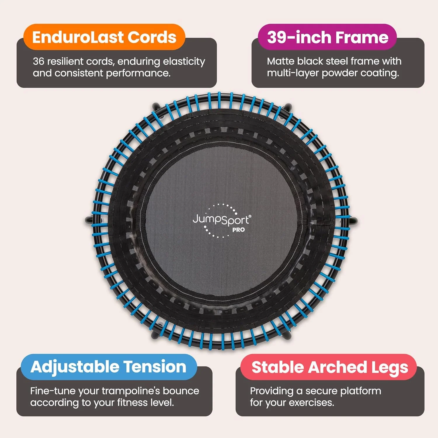 ترامپولین ورزشی جامپ اسپورت 350 PRO، مناسب برای داخل خانه، با تحمل وزن بالا، قطر 99 سانتی متر | دارای 36 کش الاستیک با کیفیت EnduroLast 4 | قابلیت تنظیم سفارشی میزان پرش با 7 حالت | حداکثر وزن قابل تحمل 136 کیلوگرم | دسترسی رایگان 60 روزه به بیش از 350 ویدیو ترامپولین ورزشی جامپ اسپورت 350 PRO، مناسب برای داخل خانه، با تحمل وزن بالا، قطر 99 سانتی متر | دارای 36 کش الاستیک با کیفیت EnduroLast 4 | قابلیت تنظیم سفارشی میزان پرش با 7 حالت | حداکثر وزن قابل تحمل 136 کیلوگرم | دسترسی رایگان 60 روزه به بیش از 350 ویدیو