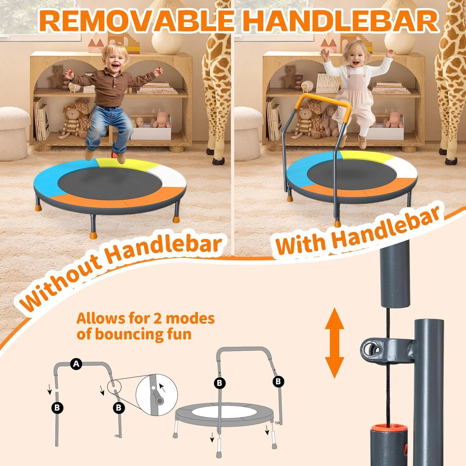 ترامپولین تاشو کودک با دسته قابل تنظیم | تشک پرش بدون فنر برای کودکان 1-6 سال | پایه های لاستیکی ضد لغزش داخلی/خارجی، حداکثر 45 کیلوگرم | وسیله تمرین پرش ایمن و هدیه تولد ترامپولین تاشو کودک با دسته قابل تنظیم | تشک پرش بدون فنر برای کودکان 1-6 سال | پایه های لاستیکی ضد لغزش داخلی/خارجی، حداکثر 45 کیلوگرم | وسیله تمرین پرش ایمن و هدیه تولد