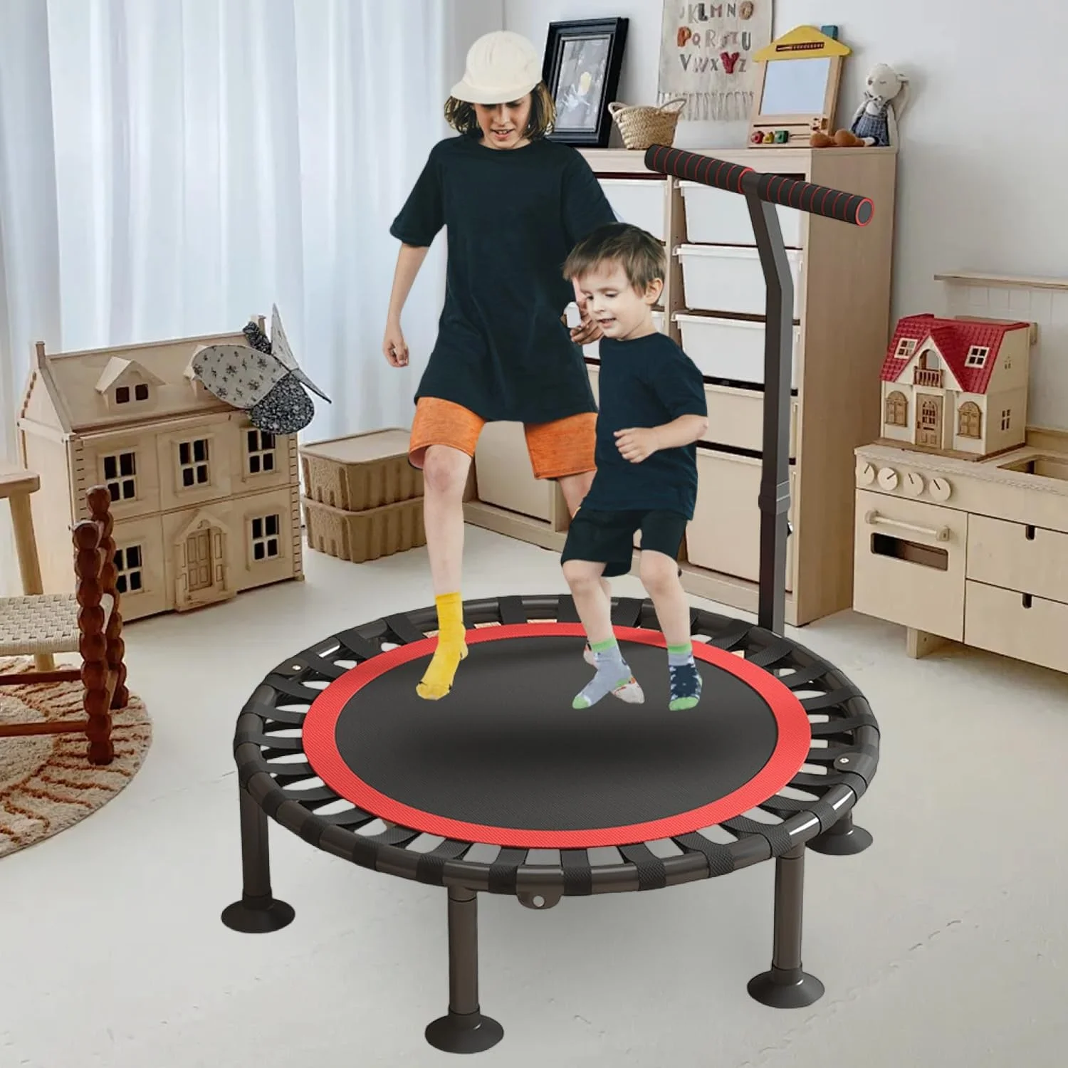 ترامپولین مینی تاشو Masroo، ترامپولین ارتجاعی 40 اینچی برای بزرگسالان و کودکان، ظرفیت 300 کیلوگرم با میله قابل تنظیم، تجهیزات ورزشی و تمرینات تناسب اندام داخل سالن ترامپولین مینی تاشو Masroo، ترامپولین ارتجاعی 40 اینچی برای بزرگسالان و کودکان، ظرفیت 300 کیلوگرم با میله قابل تنظیم، تجهیزات ورزشی و تمرینات تناسب اندام داخل سالن