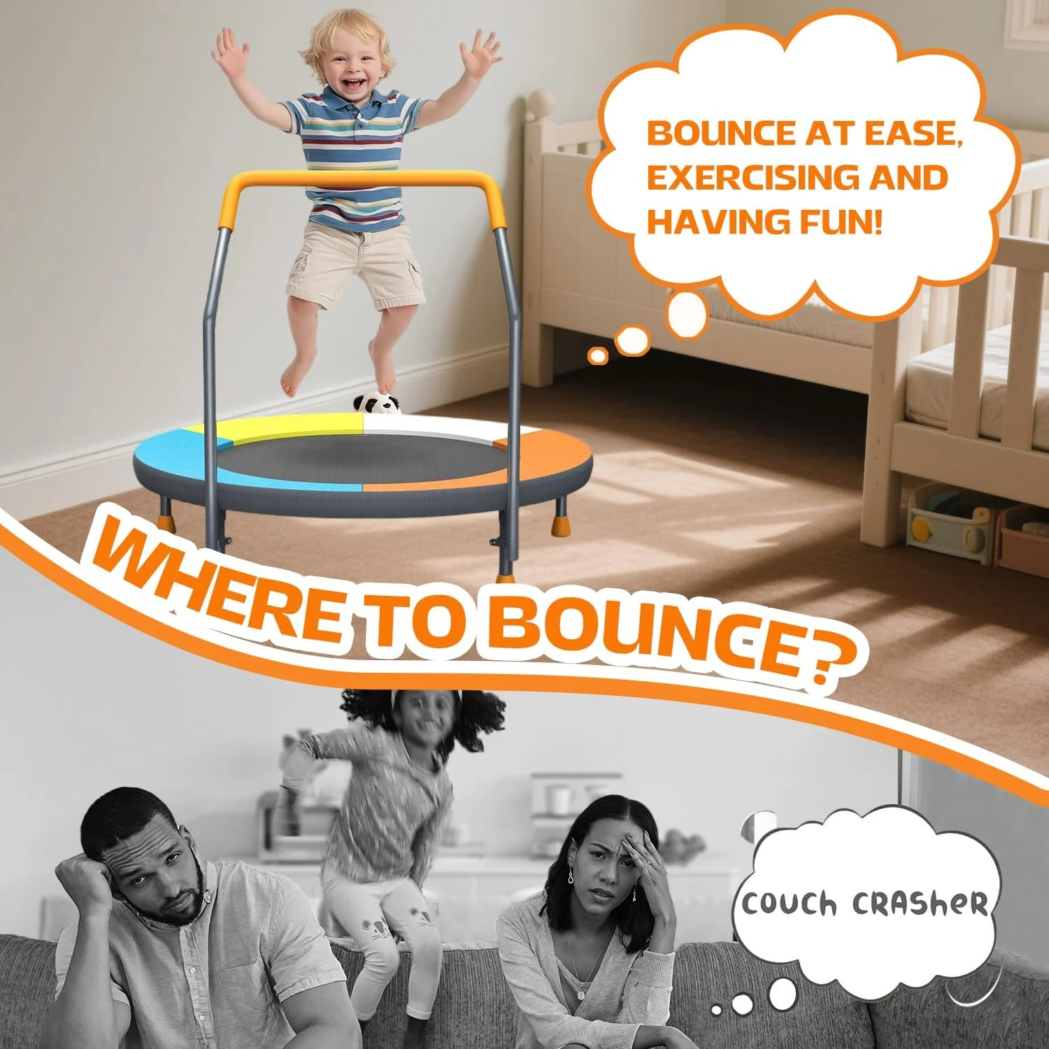 ترامپولین تاشو کودک با دسته قابل تنظیم | تشک پرش بدون فنر برای کودکان 1-6 سال | پایه های لاستیکی ضد لغزش داخلی/خارجی، حداکثر 45 کیلوگرم | وسیله تمرین پرش ایمن و هدیه تولد ترامپولین تاشو کودک با دسته قابل تنظیم | تشک پرش بدون فنر برای کودکان 1-6 سال | پایه های لاستیکی ضد لغزش داخلی/خارجی، حداکثر 45 کیلوگرم | وسیله تمرین پرش ایمن و هدیه تولد