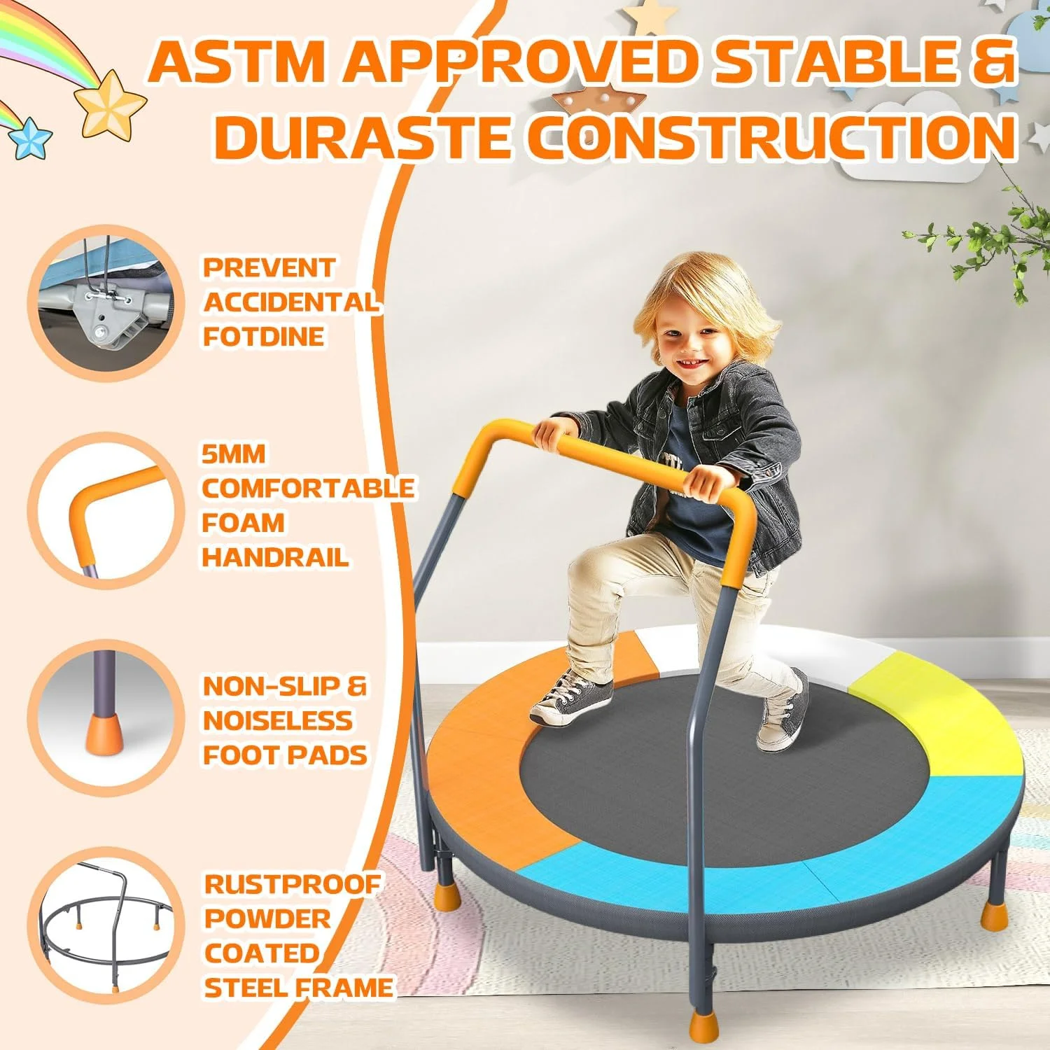 ترامپولین تاشو کودک با دسته قابل تنظیم | تشک پرش بدون فنر برای کودکان 1-6 سال | پایه های لاستیکی ضد لغزش داخلی/خارجی، حداکثر 45 کیلوگرم | وسیله تمرین پرش ایمن و هدیه تولد ترامپولین تاشو کودک با دسته قابل تنظیم | تشک پرش بدون فنر برای کودکان 1-6 سال | پایه های لاستیکی ضد لغزش داخلی/خارجی، حداکثر 45 کیلوگرم | وسیله تمرین پرش ایمن و هدیه تولد