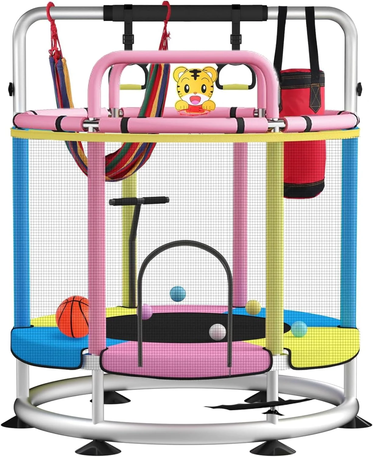 ترامپولین برای کودکان، ترامپولین کودک نوپا با نرده T قابل تنظیم و حلقه بسکتبال، ترامپولین گرد ضد واژگونی 200 کیلوگرمی مناسب فضای داخلی و خارجی با محفظه