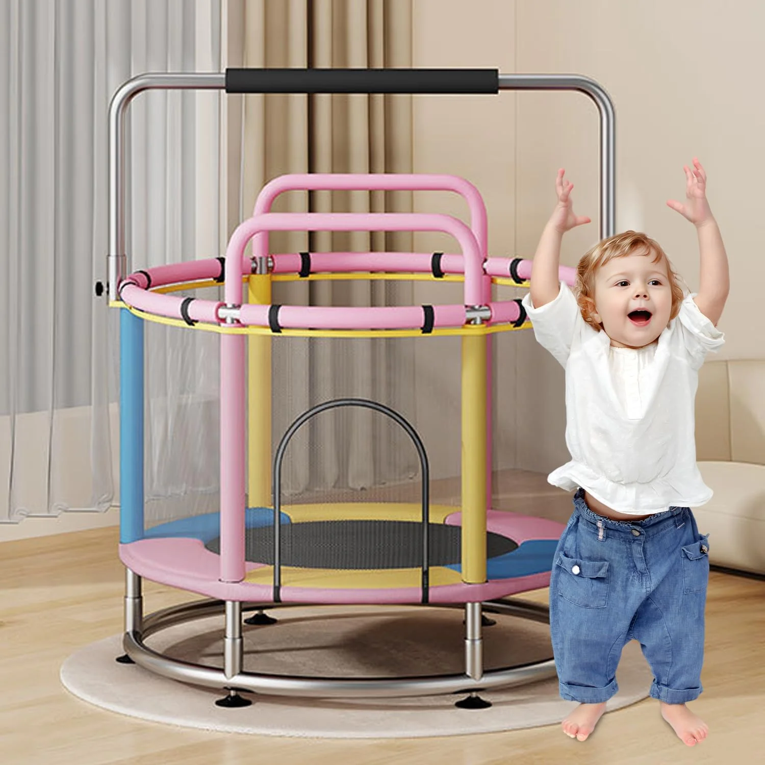 ترامپولین برای کودکان، ترامپولین کودک نوپا با نرده T قابل تنظیم و حلقه بسکتبال، ترامپولین گرد ضد واژگونی 200 کیلوگرمی مناسب فضای داخلی و خارجی با محفظه ترامپولین برای کودکان، ترامپولین کودک نوپا با نرده T قابل تنظیم و حلقه بسکتبال، ترامپولین گرد ضد واژگونی 200 کیلوگرمی مناسب فضای داخلی و خارجی با محفظه