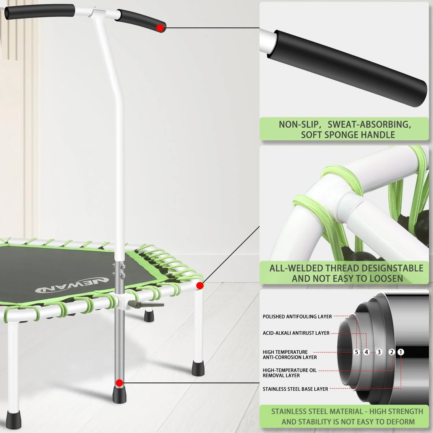 ترامپولین ورزشی نیوان 122 سانتی متری با دسته قابل تنظیم، ترامپولین بی صدا با طناب الاستیک، تمرینات کاردیو برای بزرگسالان - حداکثر وزن قابل تحمل 150 کیلوگرم ترامپولین ورزشی نیوان 122 سانتی متری با دسته قابل تنظیم، ترامپولین بی صدا با طناب الاستیک، تمرینات کاردیو برای بزرگسالان - حداکثر وزن قابل تحمل 150 کیلوگرم