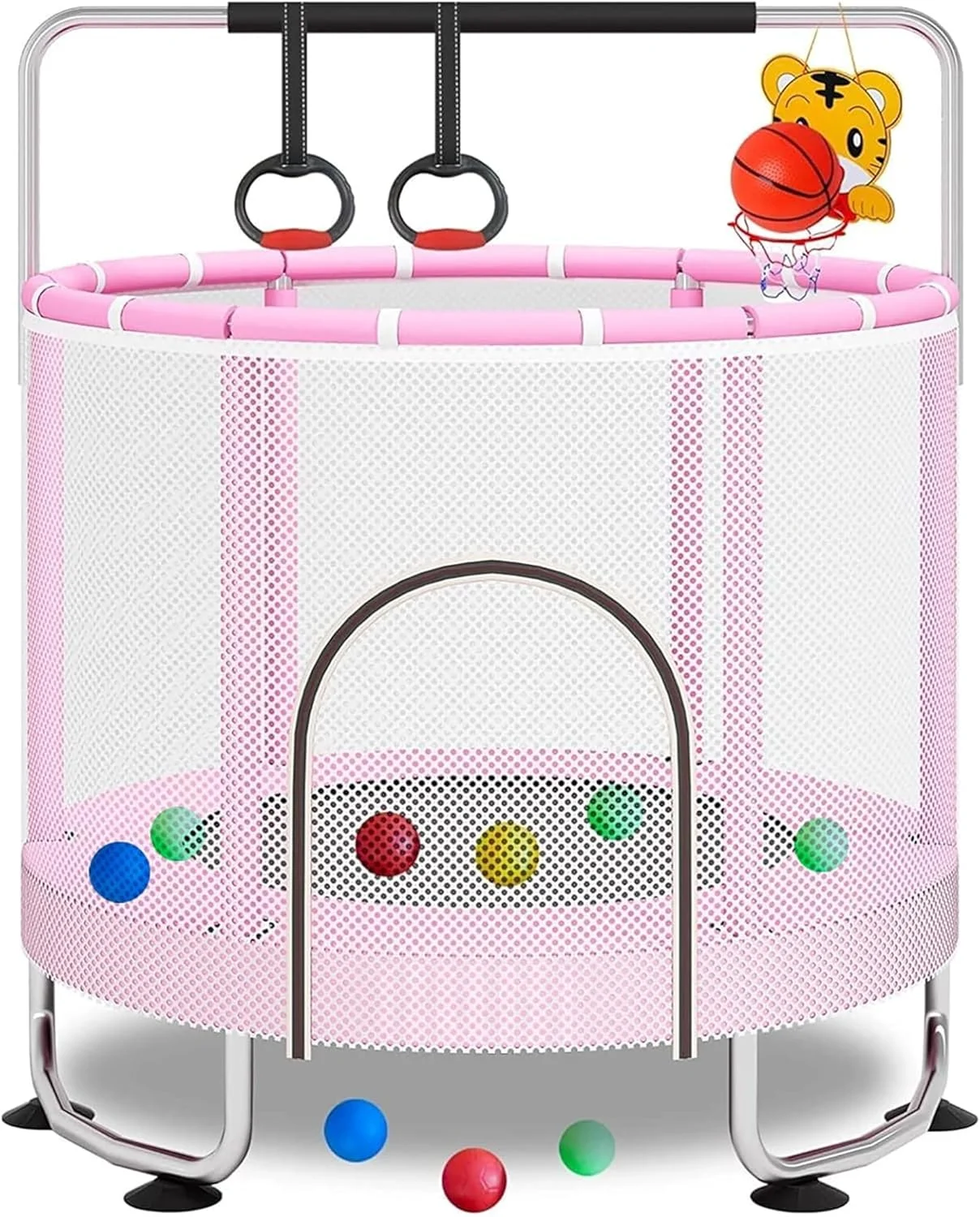 ترامپولین کودکان MOTIM، ترامپولین سرپوشیده و روباز کودک نوپا با توری محافظ، حلقه تقویت شده بالایی ایمنی به روز شده با حلقه بسکتبال، اسباب بازی های ترامپولین کودک، هدایای تولد برای کودکان