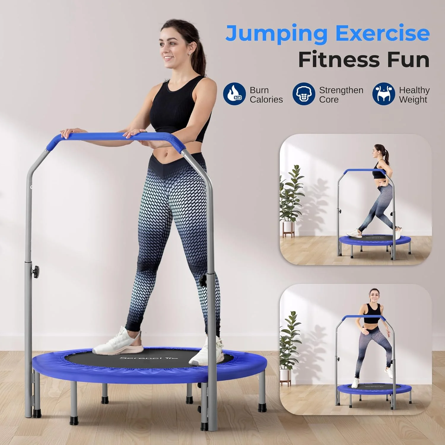 ترامپولین تاشو و قابل حمل SereneLife - مینی ترامپولین 40 اینچی خانگی با نرده قابل تنظیم، مناسب برای تمرینات بدنی و تناسب اندام