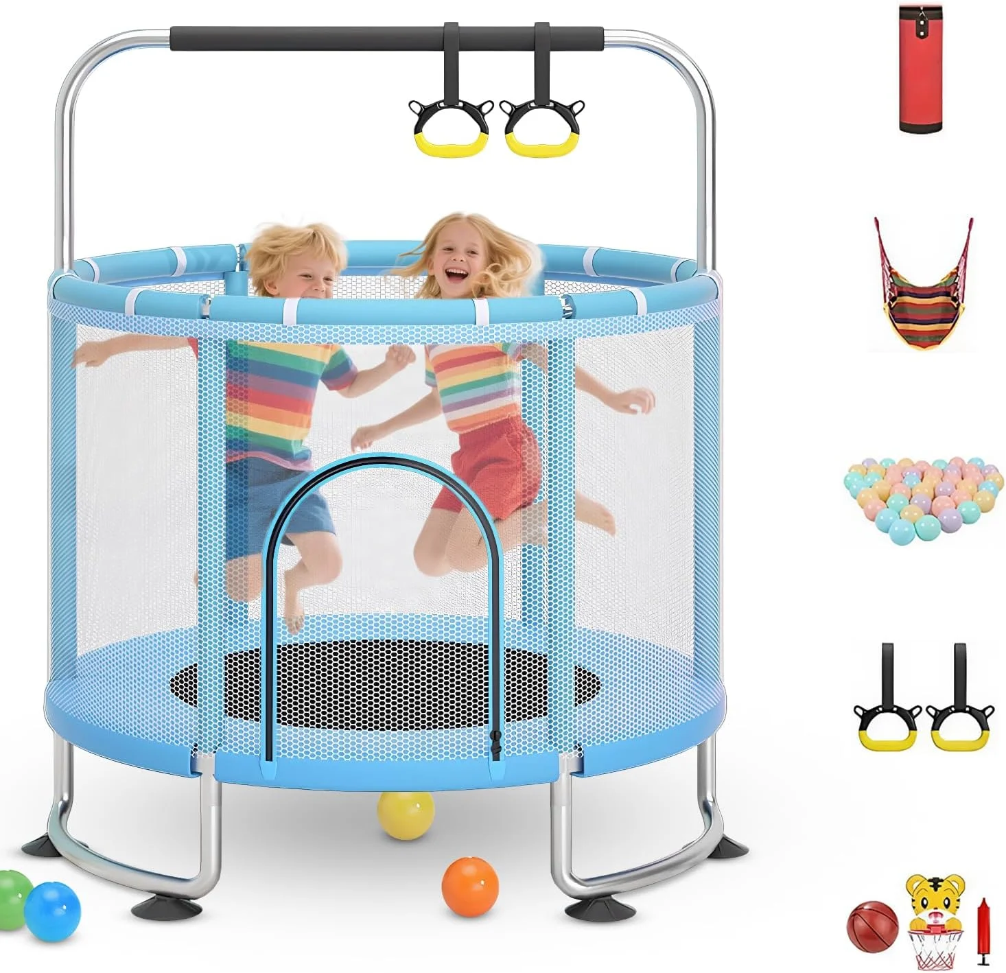 ترامپولین 119 سانتی‌متری HCLSHOP برای کودکان، ظرفیت تحمل وزن بالا، ارتفاع قابل تنظیم، مناسب برای داخل و خارج از خانه، دارای تور محافظ، ست بسکتبال، تاب، کیسه شن، میله بالابر تکی و اسباب بازی کودک