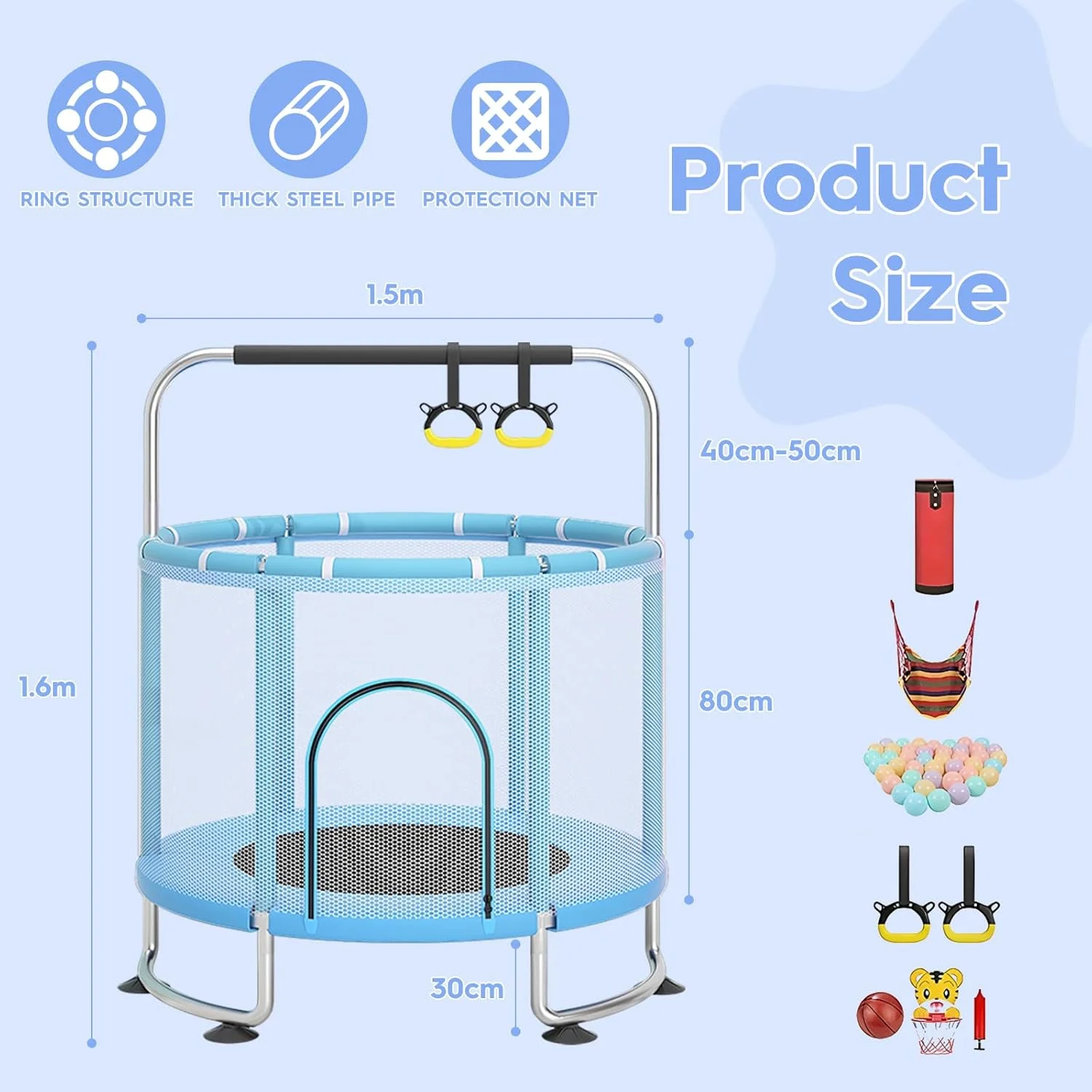 ترامپولین 119 سانتی‌متری HCLSHOP برای کودکان، ظرفیت تحمل وزن بالا، ارتفاع قابل تنظیم، مناسب برای داخل و خارج از خانه، دارای تور محافظ، ست بسکتبال، تاب، کیسه شن، میله بالابر تکی و اسباب بازی کودک