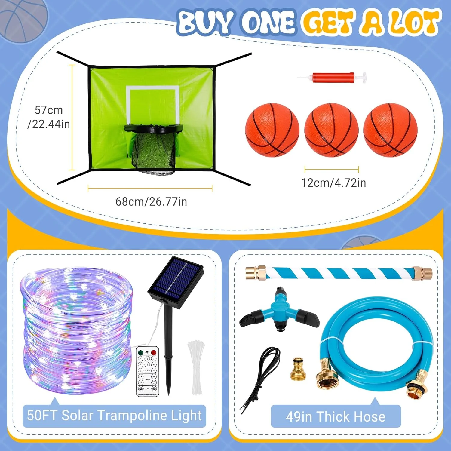 کیت لوازم جانبی ترامپولین، شامل آبپاش/حلقه بسکتبال/چراغ های خورشیدی 50 فوتی، مناسب برای ترامپولین های 8، 10، 12، 14، 15 و 16 فوتی فضای باز کودکان، بدون آسیب رساندن به توری، دارای 8 حالت نور