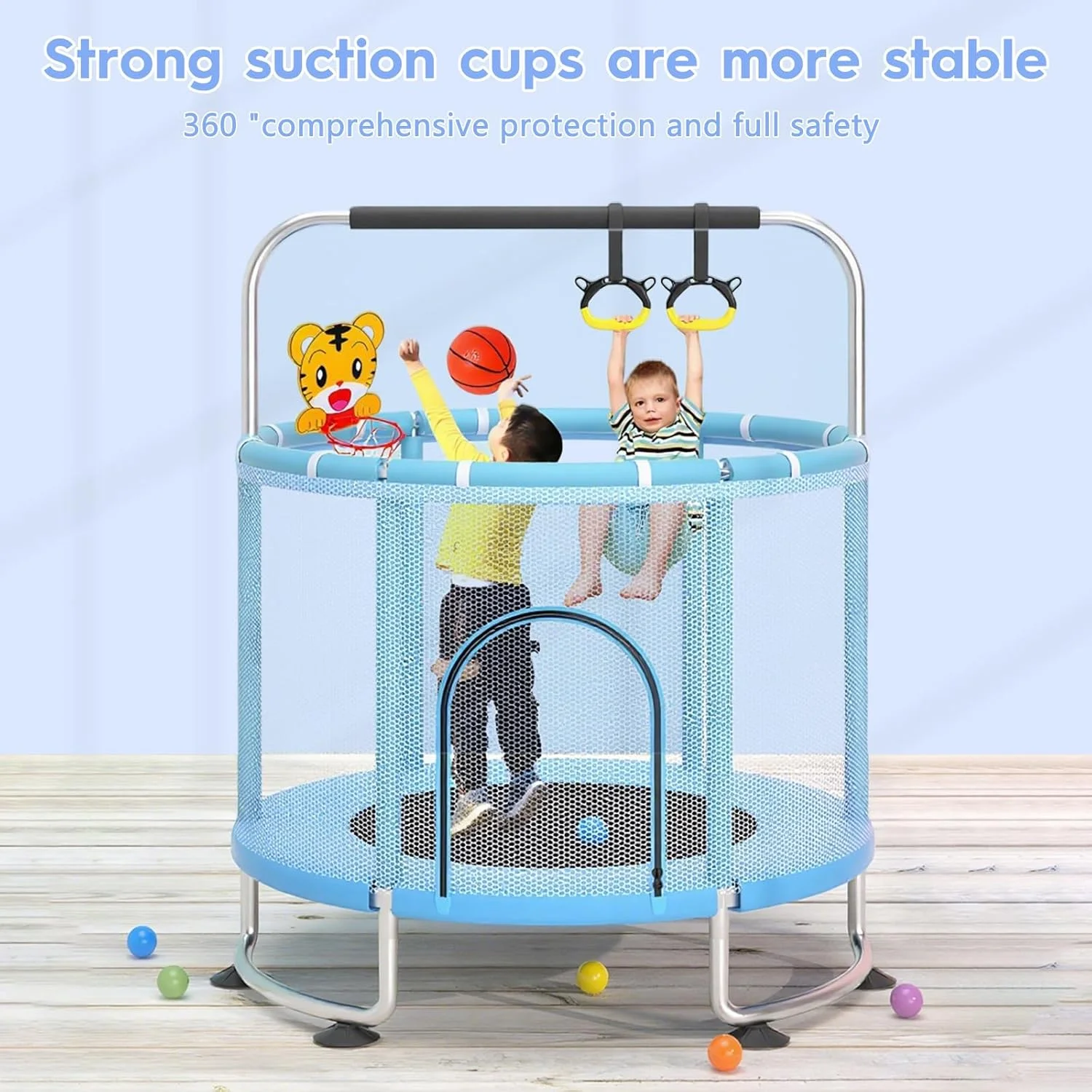 ترامپولین 119 سانتی‌متری HCLSHOP برای کودکان، ظرفیت تحمل وزن بالا، ارتفاع قابل تنظیم، مناسب برای داخل و خارج از خانه، دارای تور محافظ، ست بسکتبال، تاب، کیسه شن، میله بالابر تکی و اسباب بازی کودک