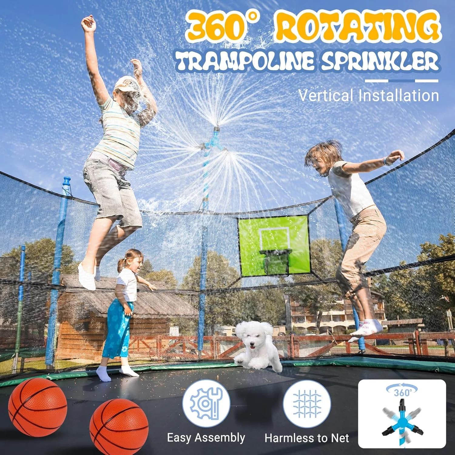 کیت لوازم جانبی ترامپولین، شامل آبپاش/حلقه بسکتبال/چراغ های خورشیدی 50 فوتی، مناسب برای ترامپولین های 8، 10، 12، 14، 15 و 16 فوتی فضای باز کودکان، بدون آسیب رساندن به توری، دارای 8 حالت نور