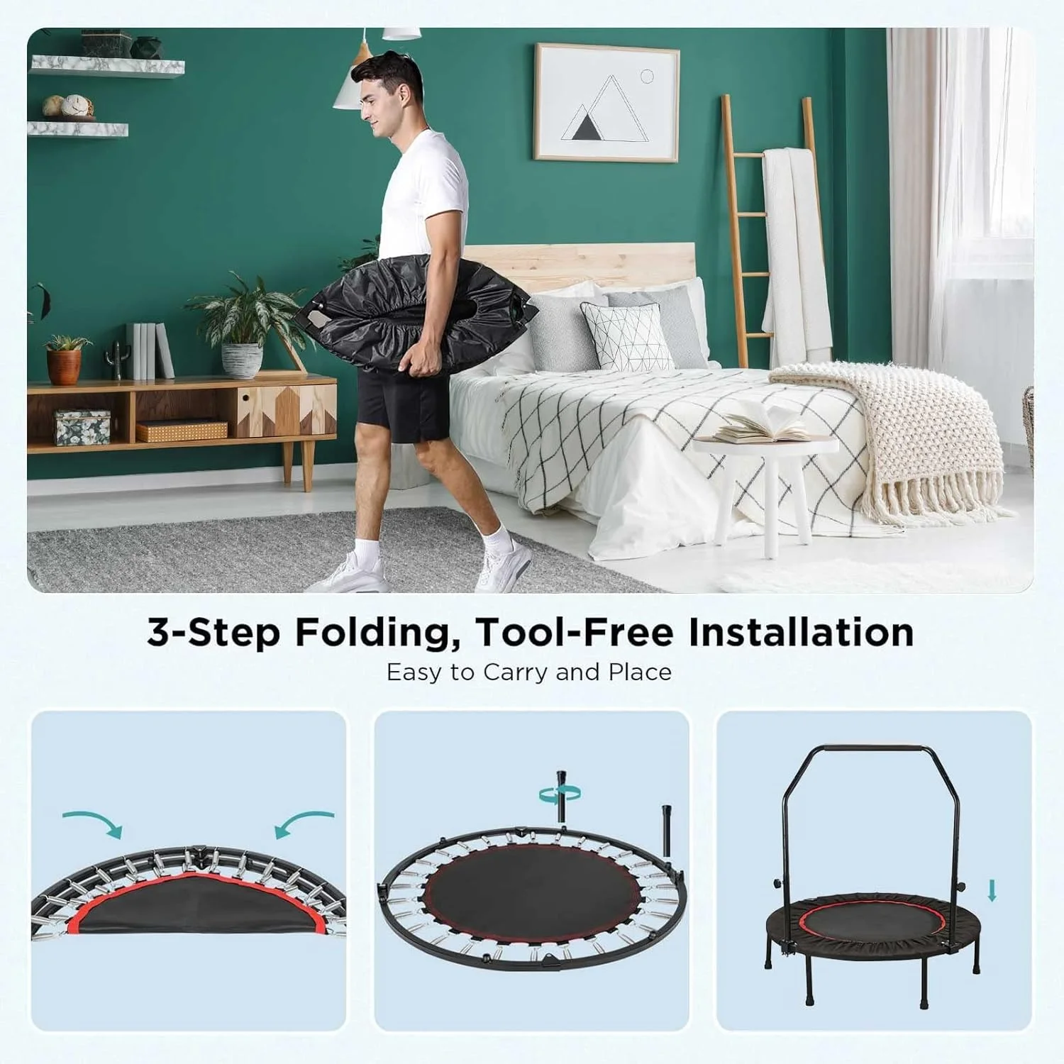 ترامپولین ورزشی تاشو 40 اینچی TDOO، ترامپولین تفریحی تمرینی ریباند با نرده فومی با ارتفاع قابل تنظیم 5 سطح، ترامپولین جامپینگ برای کودکان و بزرگسالان، مناسب برای داخل و خارج از منزل