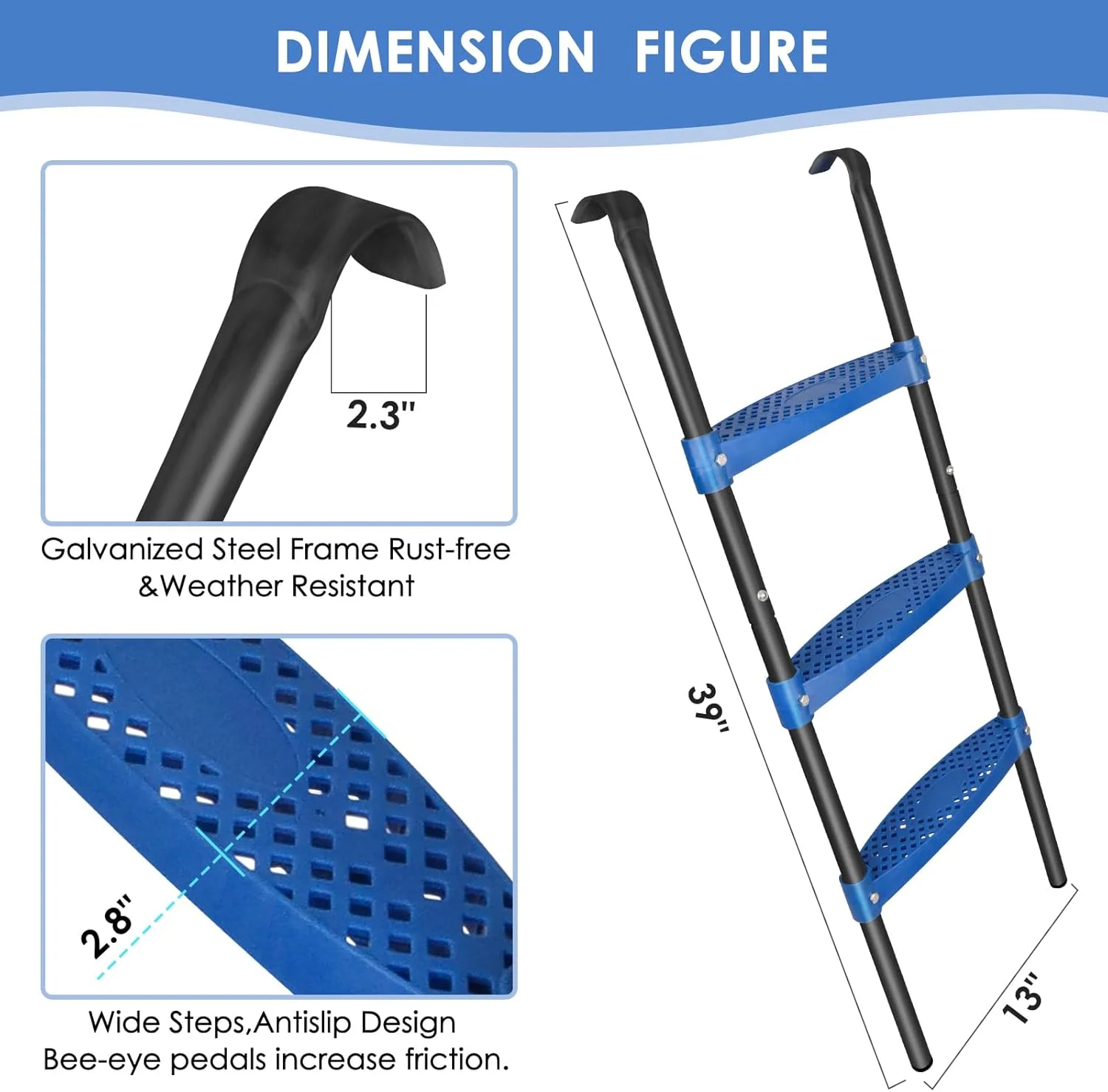 نردبان ترامپولین 99 سانتی متری، نردبان 3 پله ترامپولین با پله های افقی پهن، لوازم جانبی ترامپولین برای کودکان و بزرگسالان (آبی 3 پله)
