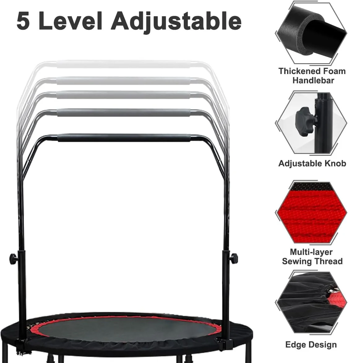 ترامپولین ورزشی تاشو با دسته فومی با ارتفاع قابل تنظیم 5 حالته، ترامپولین بی صدا برای تناسب اندام، ترامپولین کوچک با توری ایمنی برای تمرینات ورزشی داخل و خارج از خانه کودکان و بزرگسالان، تحمل وزن 180 کیلوگرم ترامپولین ورزشی تاشو با دسته فومی با ارتفاع قابل تنظیم 5 حالته، ترامپولین بی صدا برای تناسب اندام، ترامپولین کوچک با توری ایمنی برای تمرینات ورزشی داخل و خارج از خانه کودکان و بزرگسالان، تحمل وزن 180 کیلوگرم