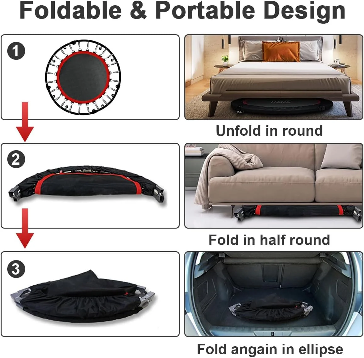 ترامپولین ورزشی تاشو با دسته فومی با ارتفاع قابل تنظیم 5 حالته، ترامپولین بی صدا برای تناسب اندام، ترامپولین کوچک با توری ایمنی برای تمرینات ورزشی داخل و خارج از خانه کودکان و بزرگسالان، تحمل وزن 180 کیلوگرم ترامپولین ورزشی تاشو با دسته فومی با ارتفاع قابل تنظیم 5 حالته، ترامپولین بی صدا برای تناسب اندام، ترامپولین کوچک با توری ایمنی برای تمرینات ورزشی داخل و خارج از خانه کودکان و بزرگسالان، تحمل وزن 180 کیلوگرم