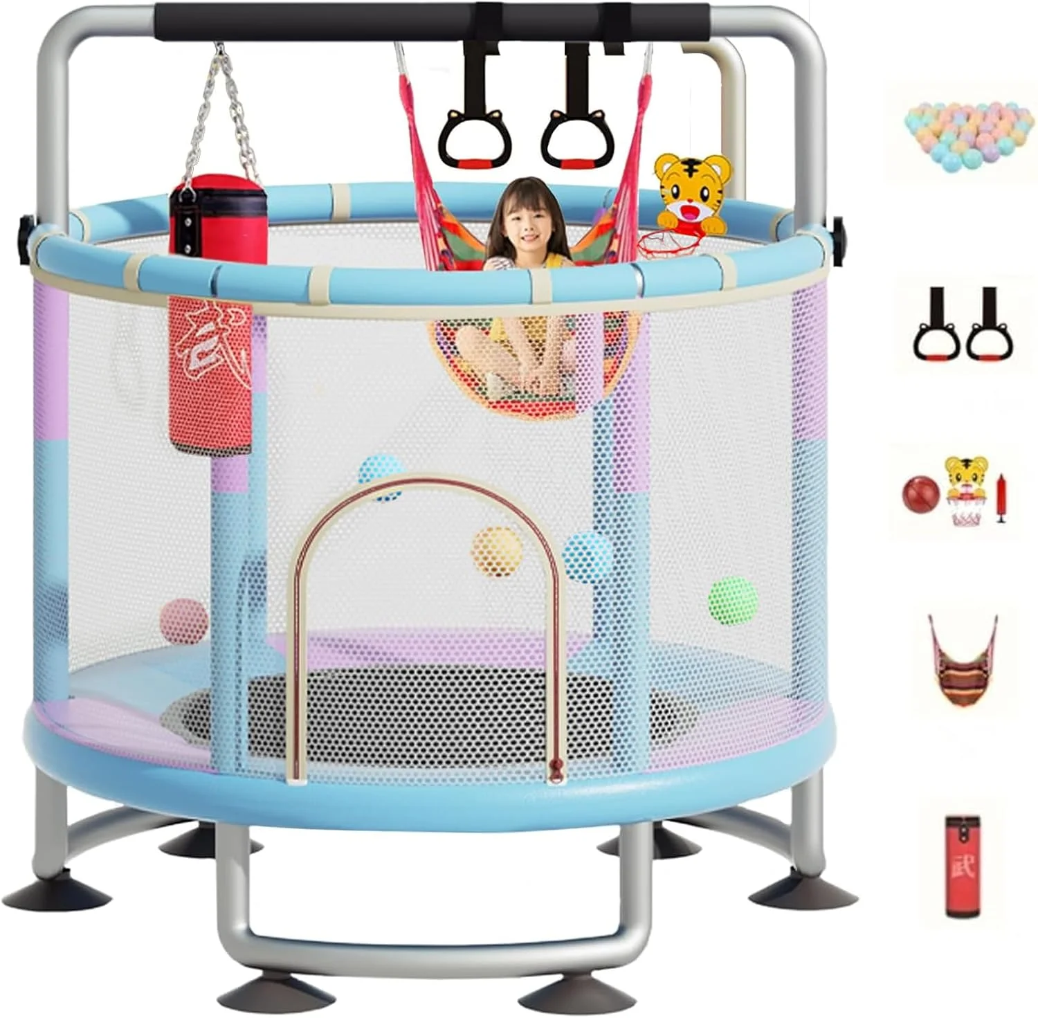 ترامپولین سرپوشیده و روباز برای کودکان، ترامپولین کودک نوپا با تور محافظ ایمنی، ترامپولین کوچک کودک با حلقه بسکتبال/تاب/کیسه شن، ترامپولین بانجی جامپینگ کودکان