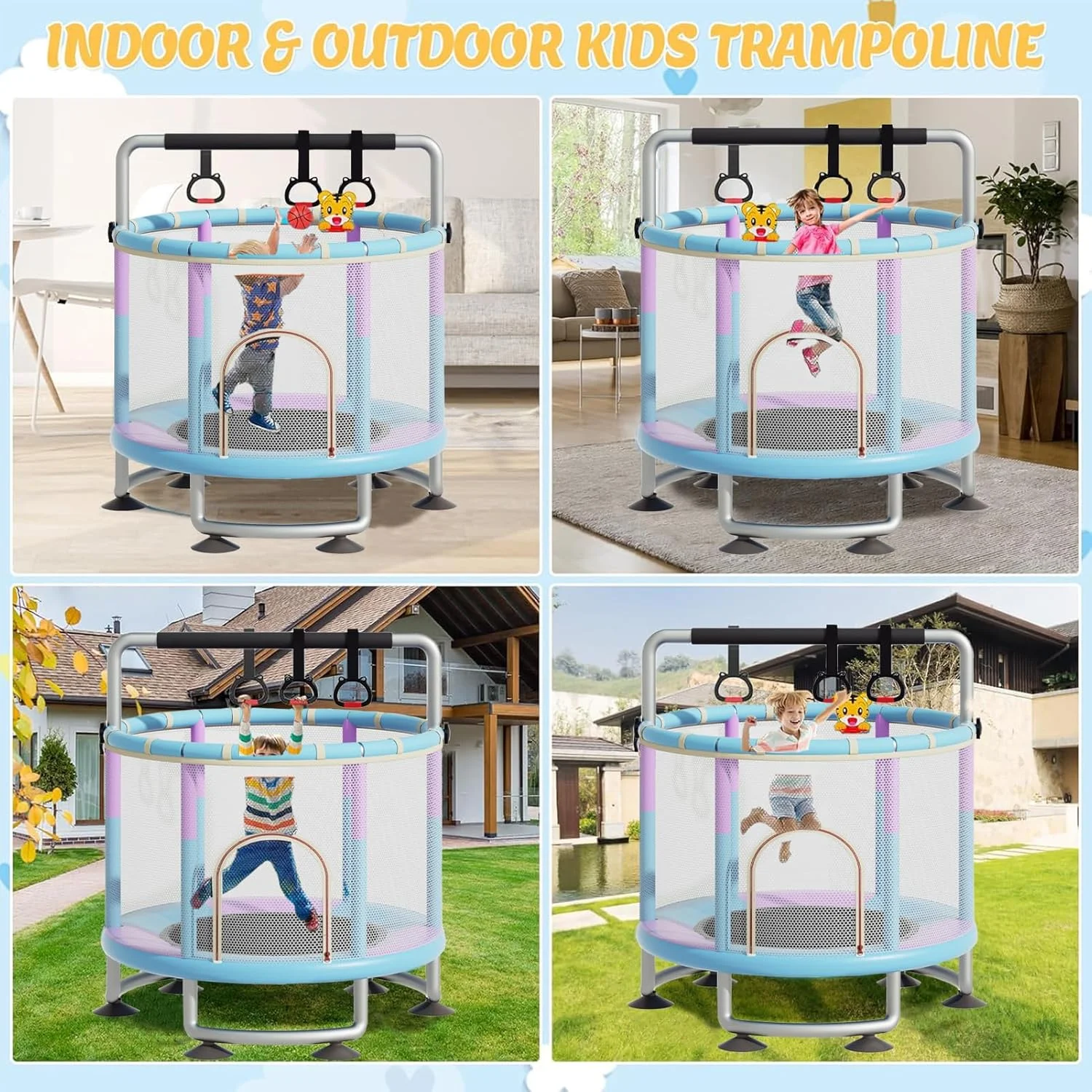 ترامپولین سرپوشیده و روباز برای کودکان، ترامپولین کودک نوپا با تور محافظ ایمنی، ترامپولین کوچک کودک با حلقه بسکتبال/تاب/کیسه شن، ترامپولین بانجی جامپینگ کودکان