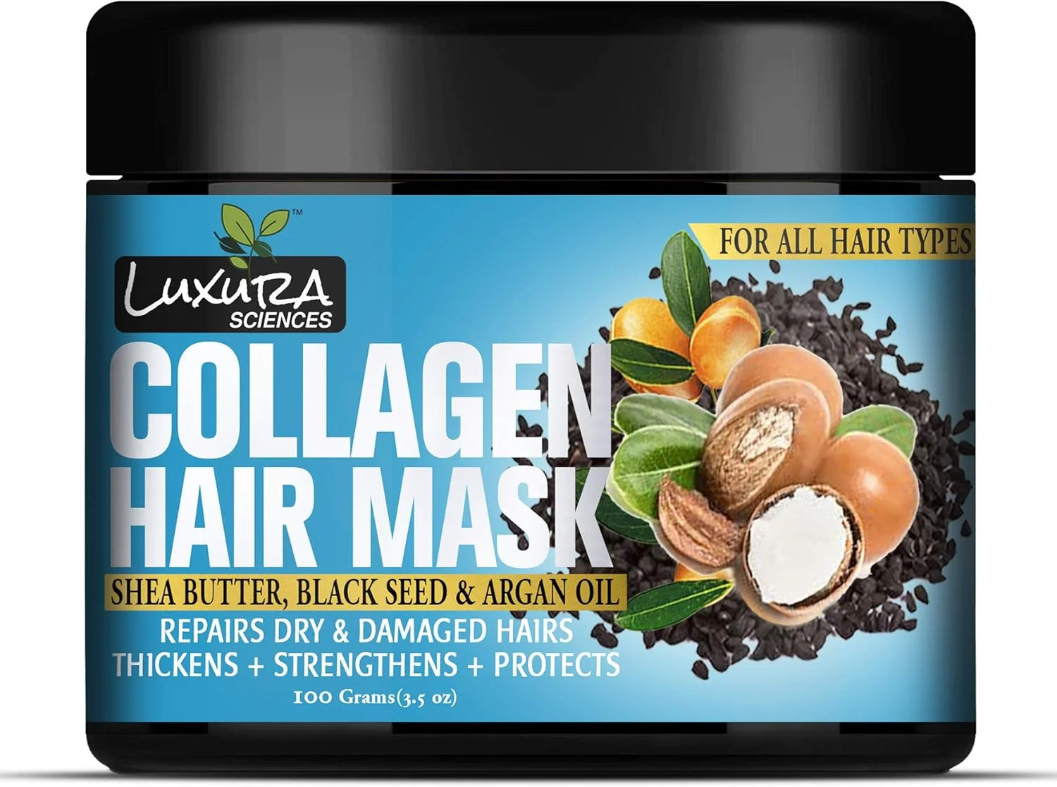 ماسک مو کلاژن Luxura Sciences / نرم کننده بعد از حمام با روغن دانه سیاه، روغن آرگان و شی باتر 100 گرمی (آرامش بخش)