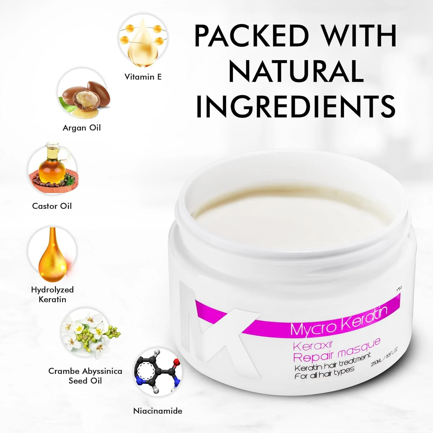 درمان ترمیم کننده پیوند مو MK MYCRO KERATIN Keraxir - ماسک مو برای موهای آسیب دیده، نرم کننده عمیق، ماسک های درمان مو، بهترین ماسک مو برای موهای خشک آسیب دیده و رشد (250 میلی لیتر)