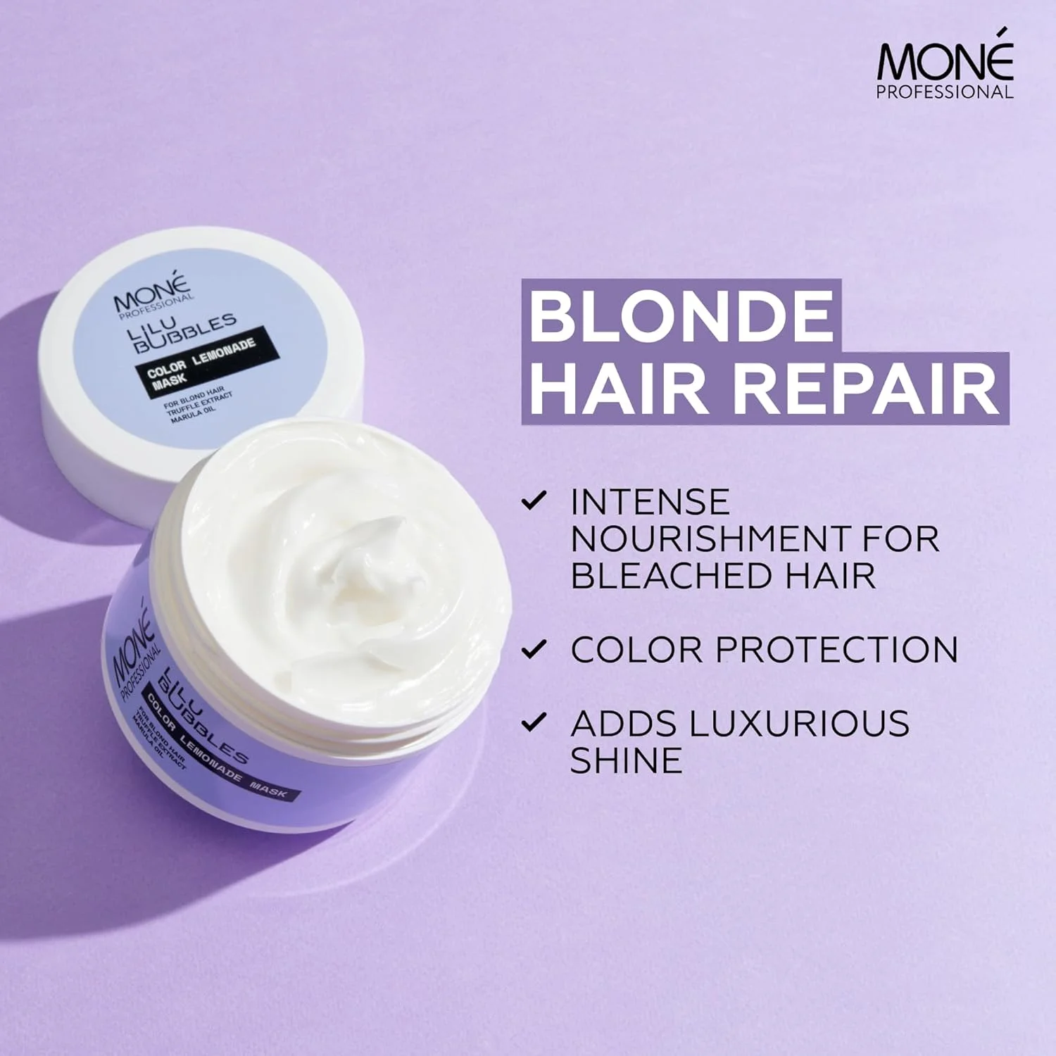 ماسک موی حرفه ای مونِ برای موهای آسیب دیده - بلوند، دکلره شده، رنگ شده بلوند - کراتین - درمان مغذی عمیق مو - 300 میلی لیتر
