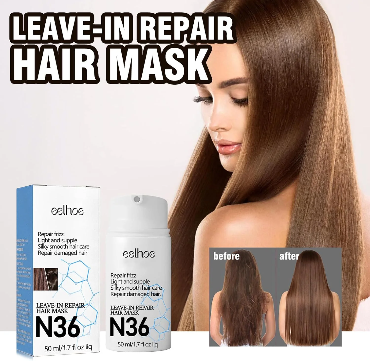 ماسک ترمیم کننده مو بدون نیاز به آبکشی برای موهای خشک یا آسیب دیده، درمان عمیق که آسیب ناشی از دکلره و حرارت را معکوس می کند، موها را صاف و درخشان می کند، مناسب برای انواع مو که به دنبال نتایج نرمی موهای سالنی هستند.