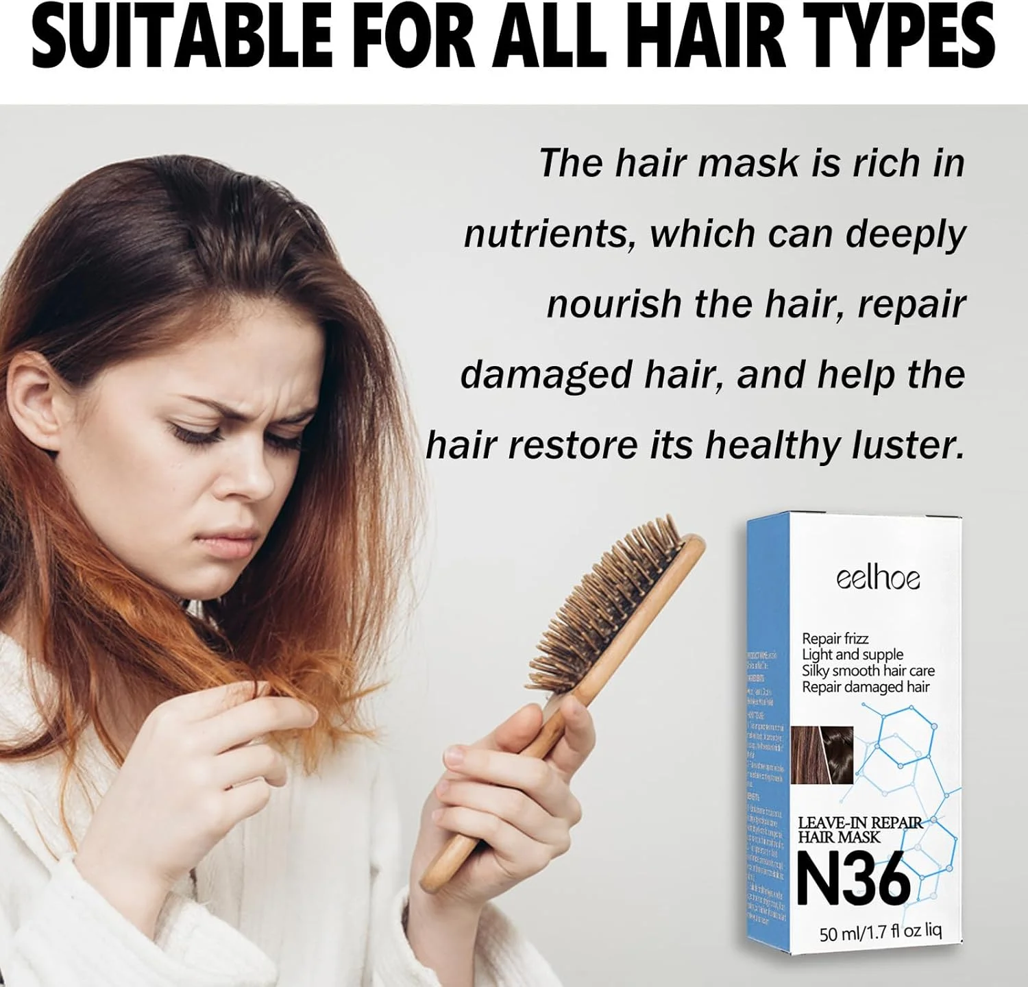 ماسک ترمیم کننده مو بدون نیاز به آبکشی برای موهای خشک یا آسیب دیده، درمان عمیق که آسیب ناشی از دکلره و حرارت را معکوس می کند، موها را صاف و درخشان می کند، مناسب برای انواع مو که به دنبال نتایج نرمی موهای سالنی هستند.