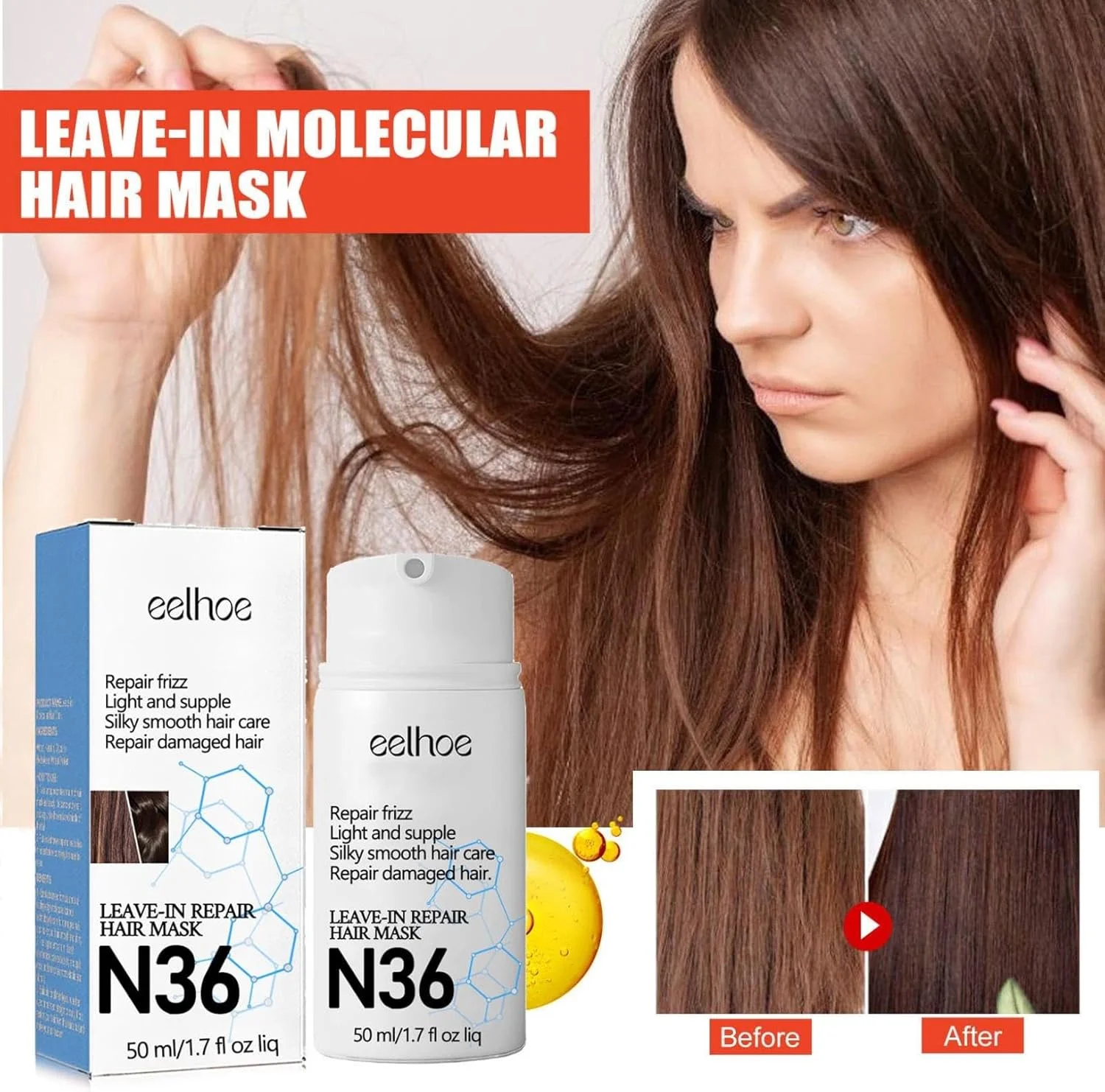 ماسک مو ترمیم کننده مولکولی بدون نیاز به آبکشی، احیا کننده موهای خشک و آسیب دیده، ترمیم آسیب های ناشی از دکلره، خدمات شیمیایی و حرارت، فرمول مغذی عمیق که فقط در 4 دقیقه عمل می کند