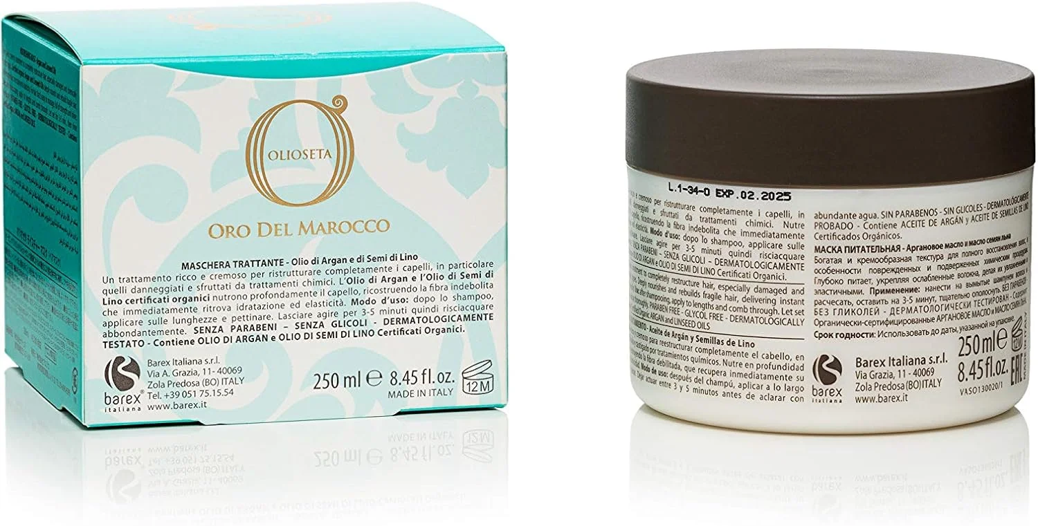 ماسک درمانی بازسازی کننده مو Barex Gold de Morocco حاوی فیبر، مغذی و حجم دهنده مناسب برای موهای شکننده و وز 250 میلی لیتر
