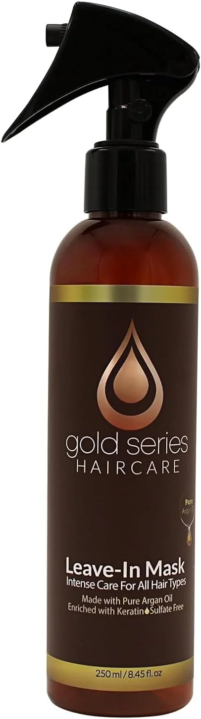 ماسک مو بدون نیاز به آبکشی Moroccan Gold Series – ماسک مو روغن آرگان غنی شده با کراتین – مغذی و باز کننده گره مو به آرامی، اسپری نرم کننده بدون نیاز به آبکشی برای موهای فر، وز یا آسیب دیده، 250 میلی لیتر
