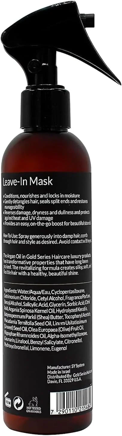 ماسک مو بدون نیاز به آبکشی Moroccan Gold Series – ماسک مو روغن آرگان غنی شده با کراتین – مغذی و باز کننده گره مو به آرامی، اسپری نرم کننده بدون نیاز به آبکشی برای موهای فر، وز یا آسیب دیده، 250 میلی لیتر