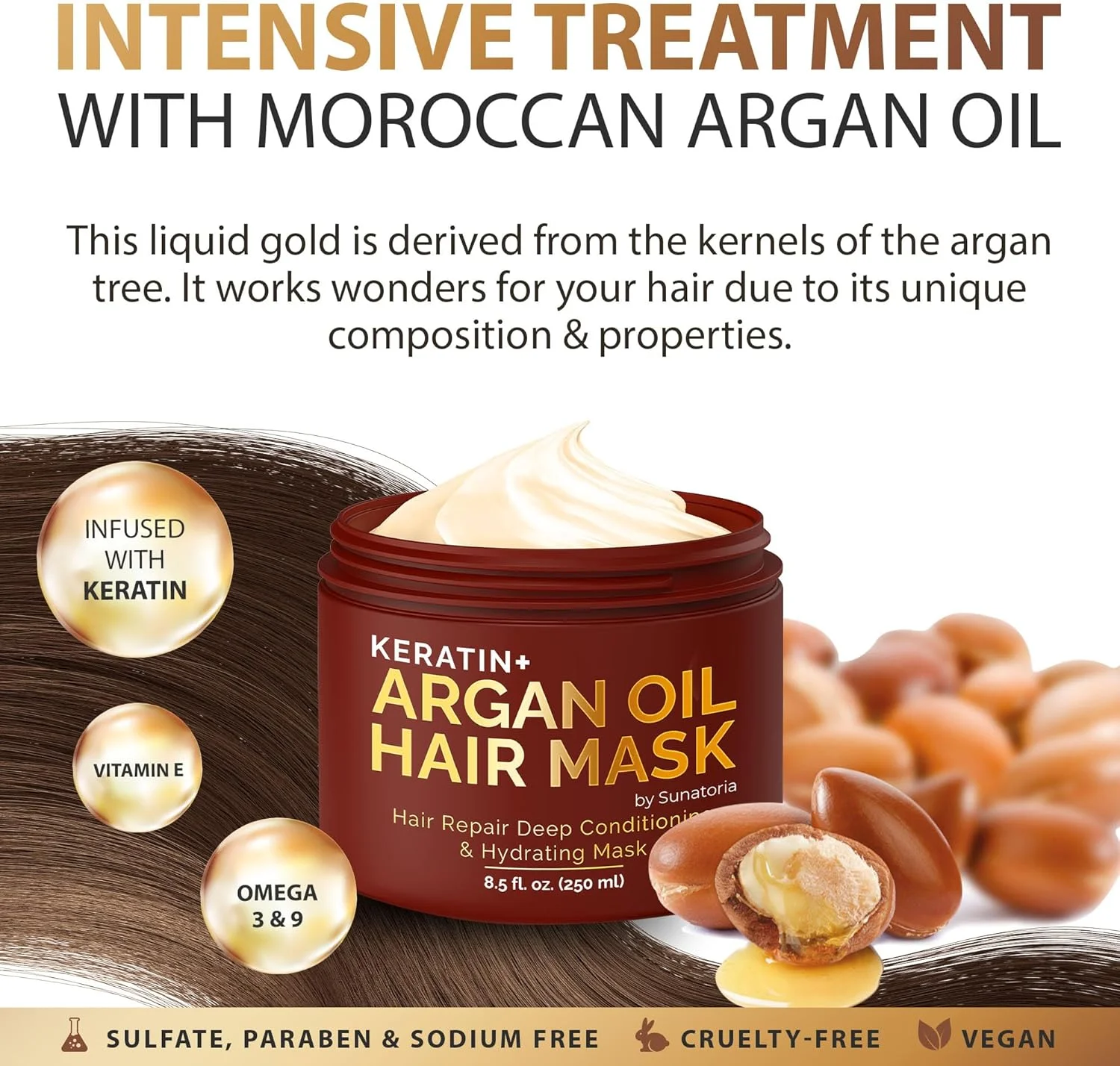 ماسک مو روغن آرگان مراکشی با کراتین - درمان مو برای ترمیم، آبرسانی و زیبایی - کمپلکس ویتامین برای انواع مو - ماسک مو روغن مراکشی با امگا 3، 9، ویتامین E - تغذیه پروتئینی