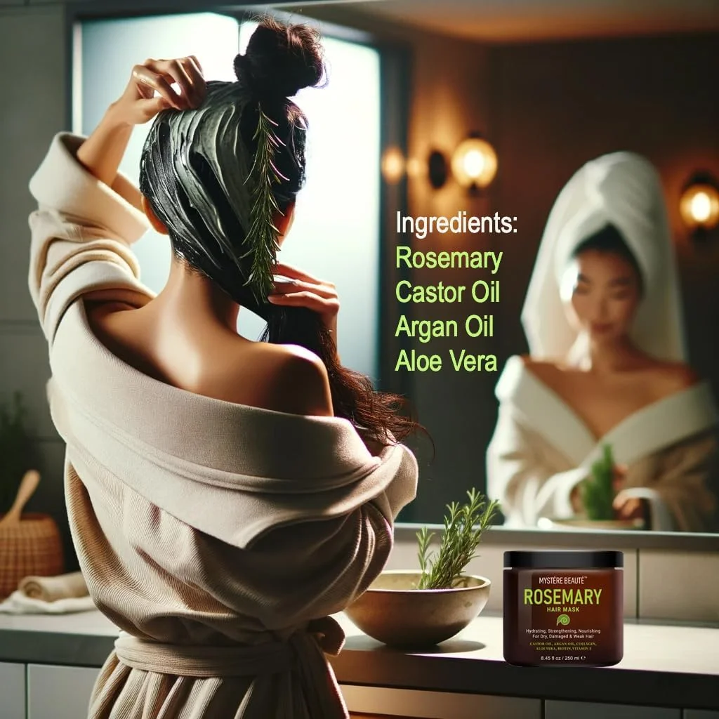 ماسک مو رزماری MYSTÉRE BEAUTÉ - حاوی کلاژن، بیوتین، روغن آرگان برای موهای خشک، آسیب دیده و مجعد - نرم کننده عمیق تقویت کننده برای موخوره و رشد مو - 250 میلی لیتر