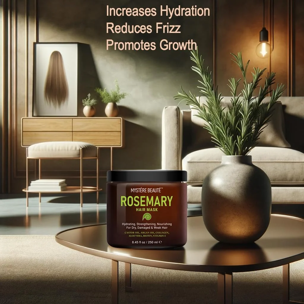ماسک مو رزماری MYSTÉRE BEAUTÉ - حاوی کلاژن، بیوتین، روغن آرگان برای موهای خشک، آسیب دیده و مجعد - نرم کننده عمیق تقویت کننده برای موخوره و رشد مو - 250 میلی لیتر