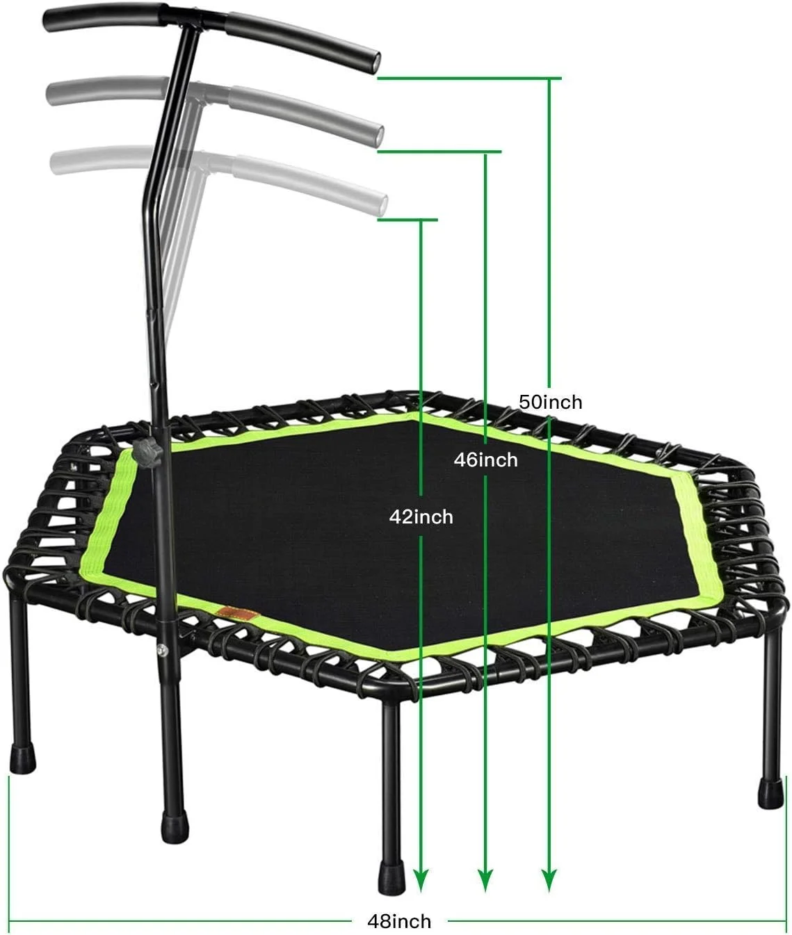 ترامپولین ورزشی خانگی یالا با میله هندریل قابل تنظیم، مناسب برای داخل و خارج خانه برای بزرگسالان و کودکان، جامپر ورزشی، تمرینات کاردیو، ترامپولین شش ضلعی برای تمرینات ورزشی در خانه