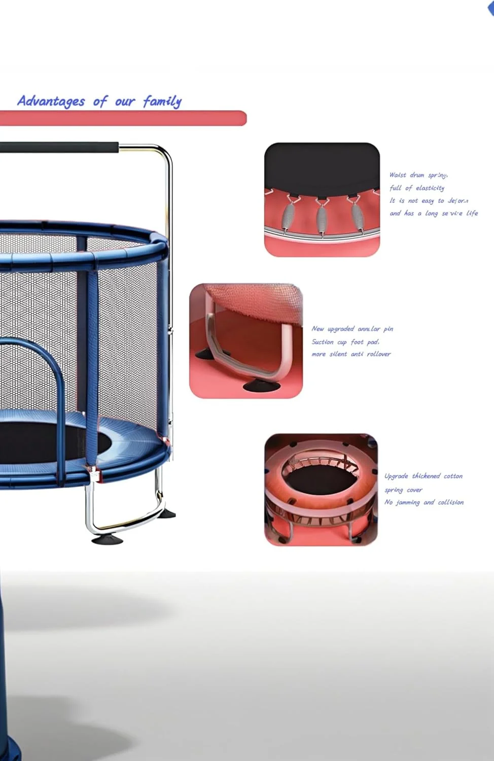 ترامپولین کودکانه 1.4 متری - سرگرمی کودکان در داخل و خارج از خانه با محفظه ایمنی و حلقه بالایی تقویت شده - بازی تولد! میله افقی دایره ای آبی