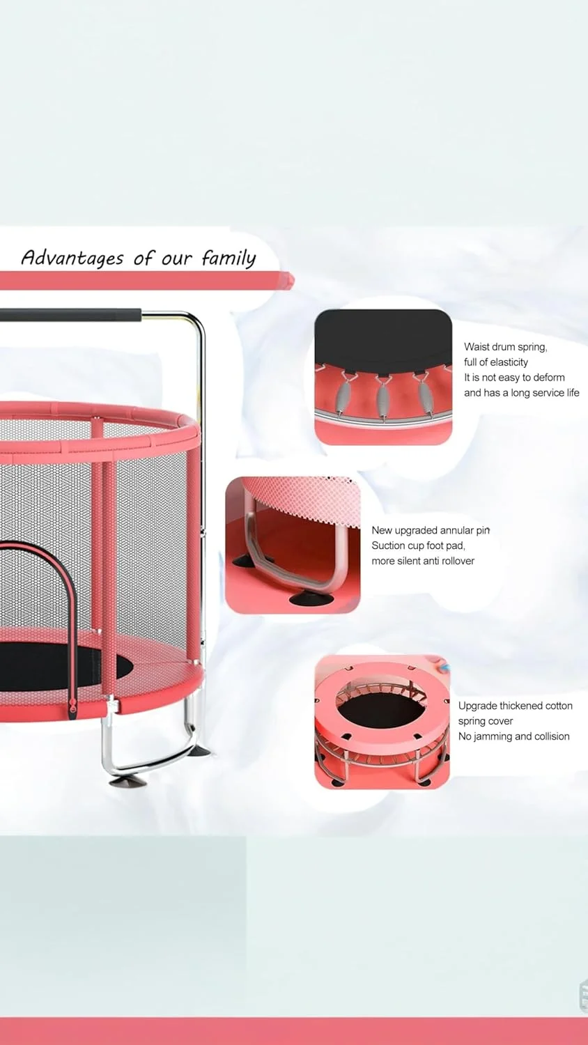 ترامپولین کودکانه 1.4 متری - تفریح سرگرم کننده کودکان در فضای داخلی/خارجی با محفظه ایمنی، حلقه بالایی تقویت شده - بازی تولد! میله افقی دایره ای قرمز