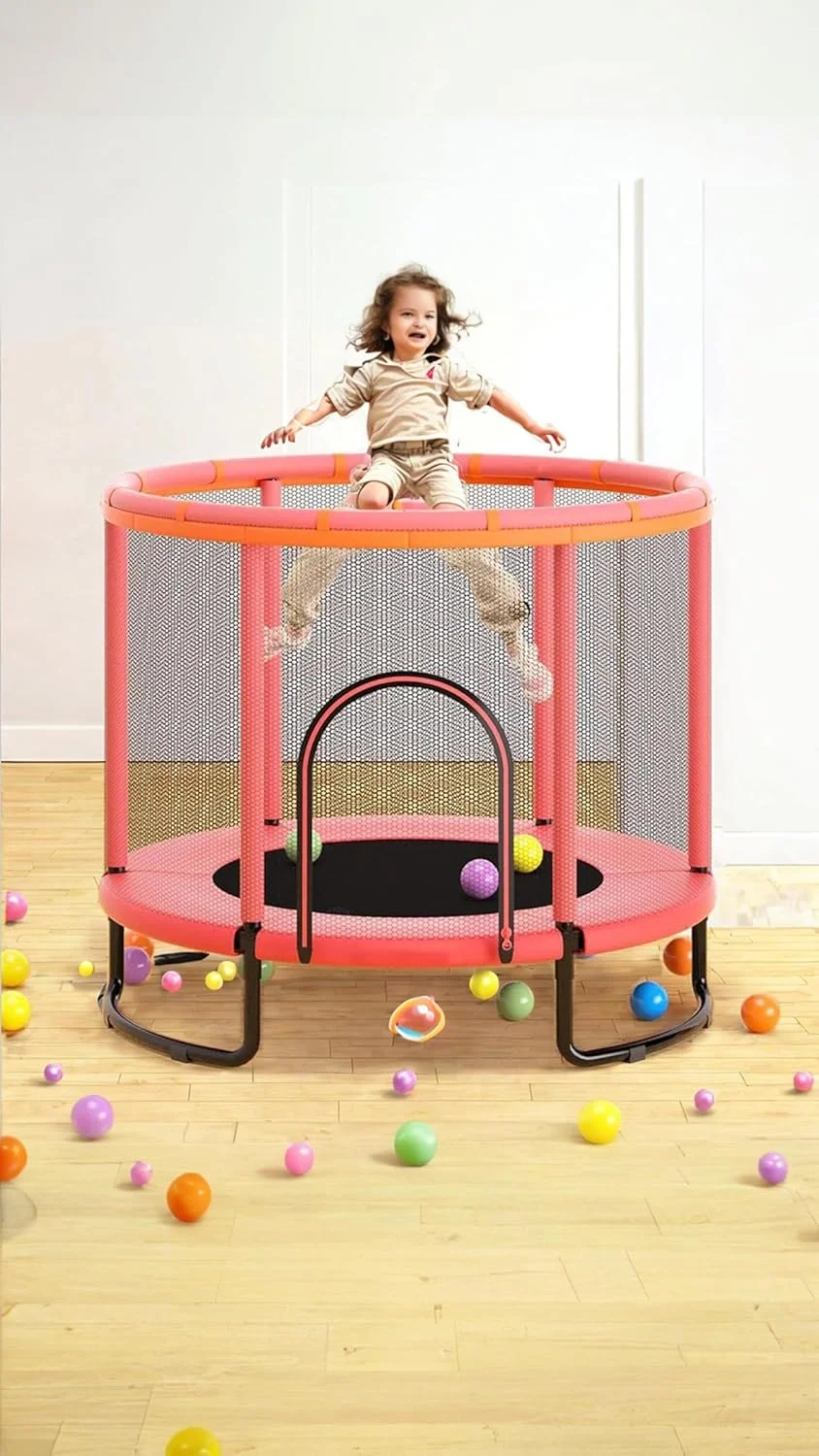 ترامپولین کودکانه 1.4 متری - تفریح سرگرم کننده کودکان در فضای داخلی/خارجی با محفظه ایمنی، حلقه بالایی تقویت شده - بازی تولد! میله افقی دایره ای قرمز