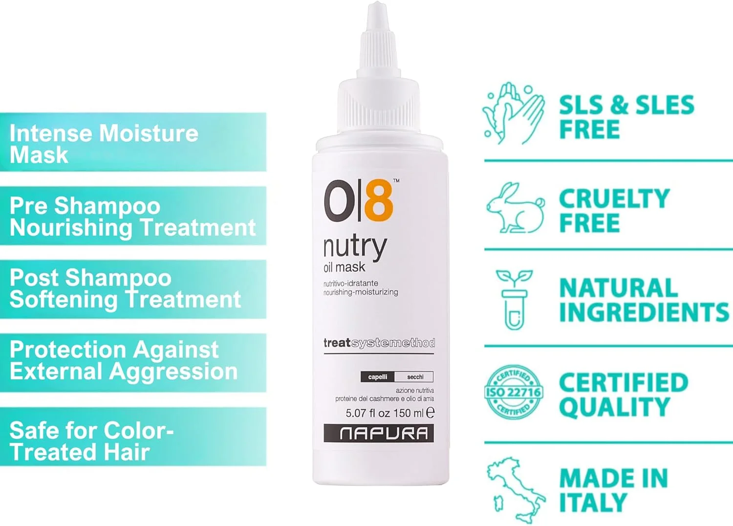 ماسک روغن موی مرطوب کننده قوی ناپورا O8 برای موهای خشک و آسیب دیده با پروتئین های کشمیر، آملا، روغن جوجوبا و آووکادو (150 میلی لیتر) - تغذیه کننده، ترمیم کننده خاصیت ارتجاعی و افزایش درخشندگی موهای کدر