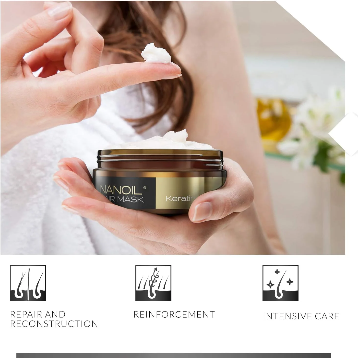 ماسک مو کراتین نانوئیل 300 میلی لیتر - احیا و بازسازی، تقویت موهای ضعیف، درمان فشرده مو