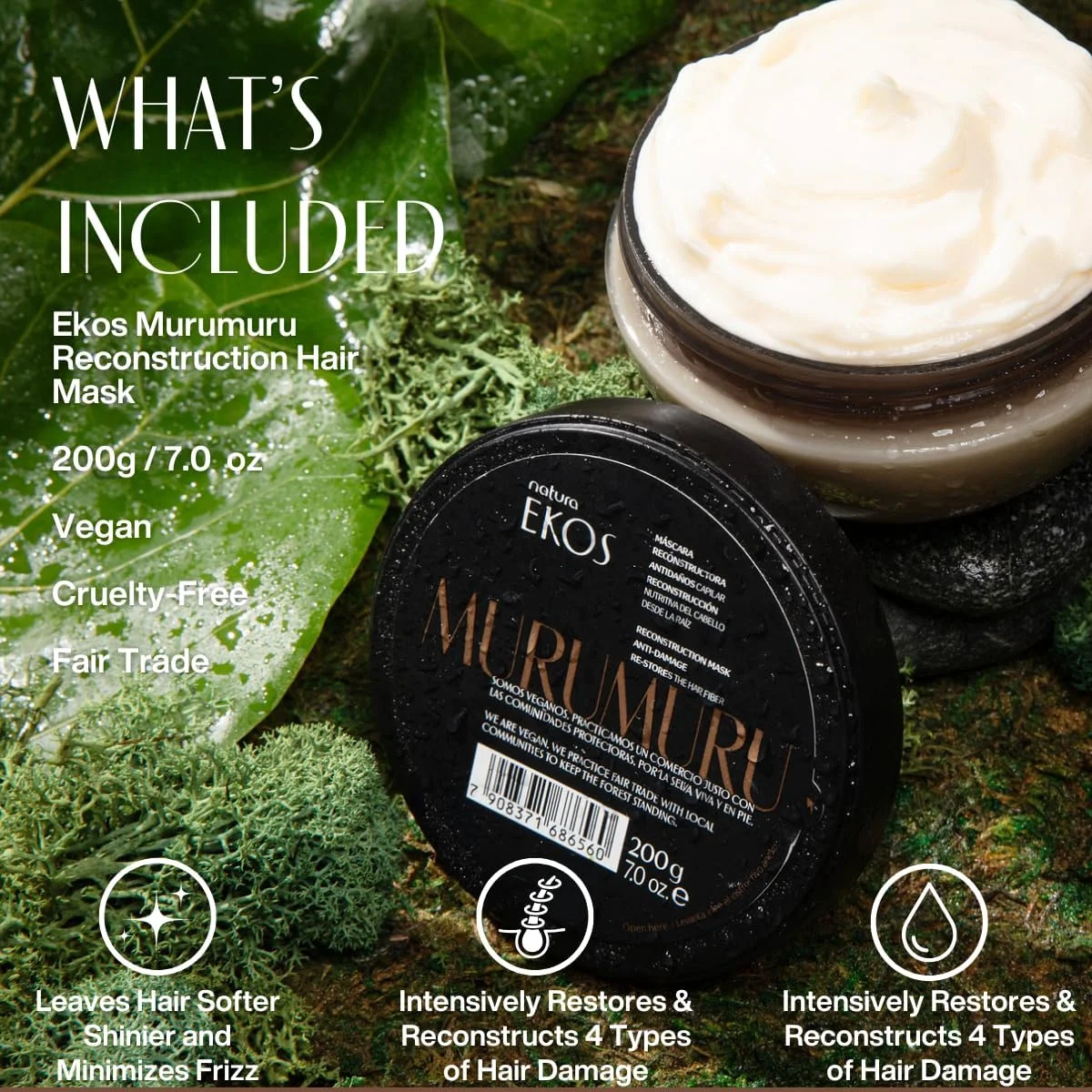 ماسک مو ترمیم کننده ناتورا Ekos Murumuru - کاهش شکستگی و بازسازی فیبر مو - ترمیم و محافظت شدید از آسیب - آبرسانی عمیق - مراقبت از مو وگان و بدون تست حیوانی - 200 گرم