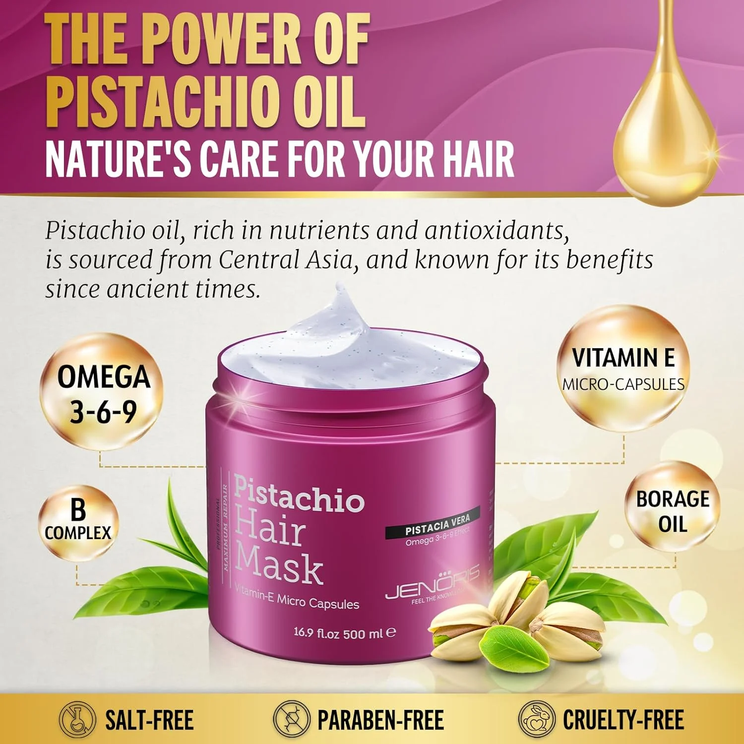 ماسک موی پسته جنوریس 500 میلی لیتر. درمان مغذی عمیق که آسیب را ترمیم و از آن جلوگیری می کند. برای موهای خشک، رنگ شده، روشن شده یا هر نوع درمان شیمیایی. غنی شده با روغن پسته