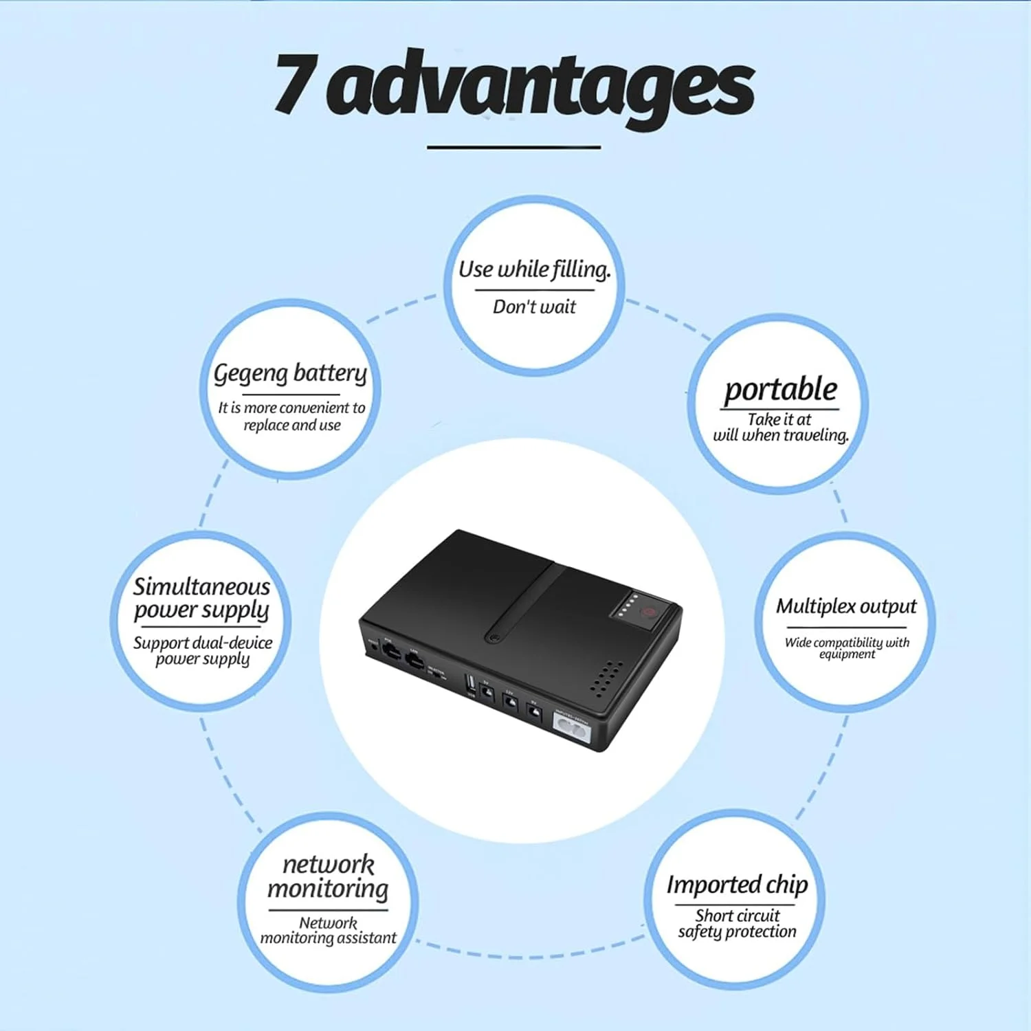منبع تغذیه پشتیبان بدون وقفه مینی UPS برای روتر، مودم، دوربین مداربسته با خروجی 18 واتی DC با پورت USB با ولتاژهای 5 ولت، 9 ولت، 12 ولت و POE با ولتاژهای 15 ولت و 24 ولت (دوشاخه EU)