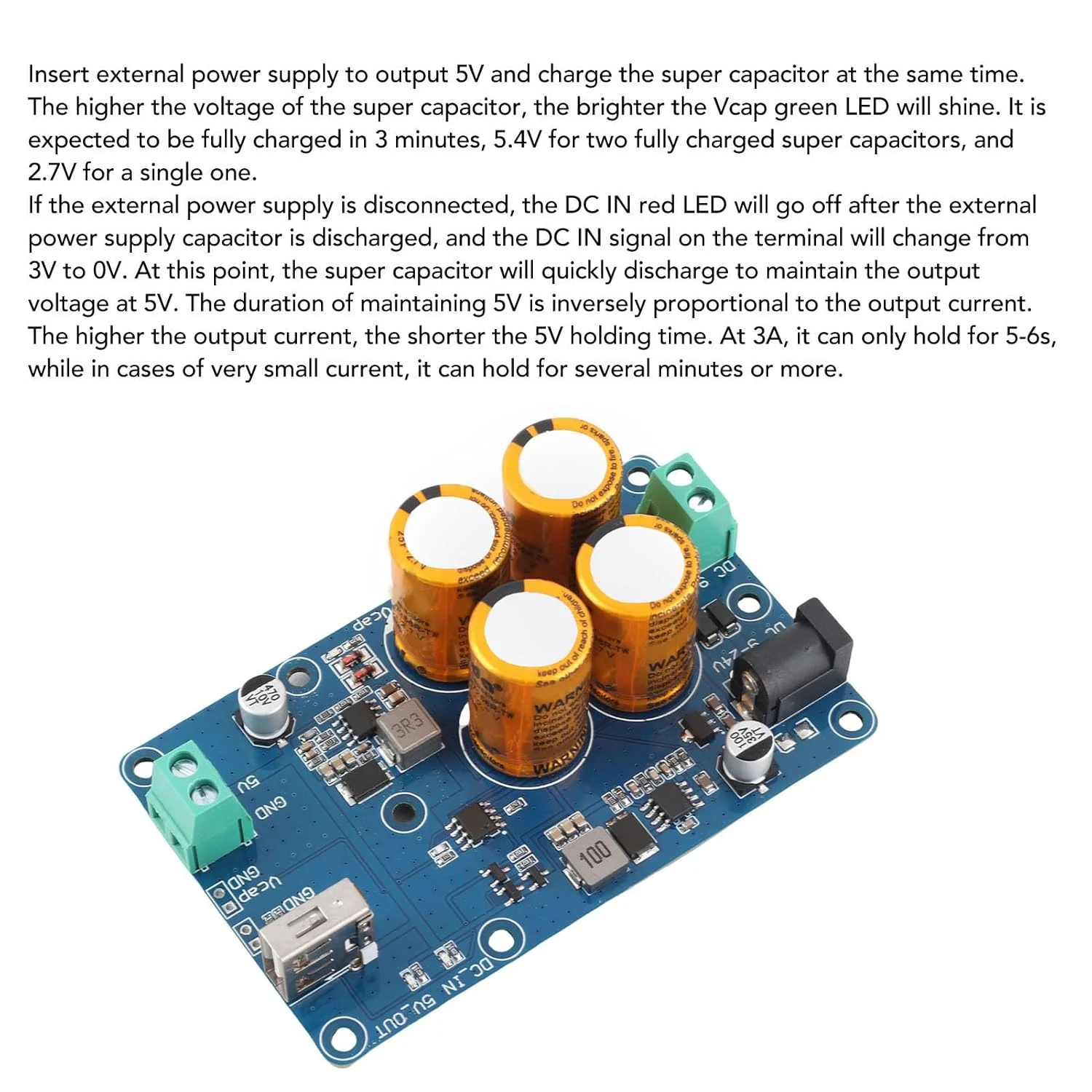 منبع تغذیه بدون وقفه خازنی فوق العاده برای RPI ورودی DC9-24V خروجی DC5V3A ذخیره سازی داده پشتیبان برق 10-60 ثانیه (4S)