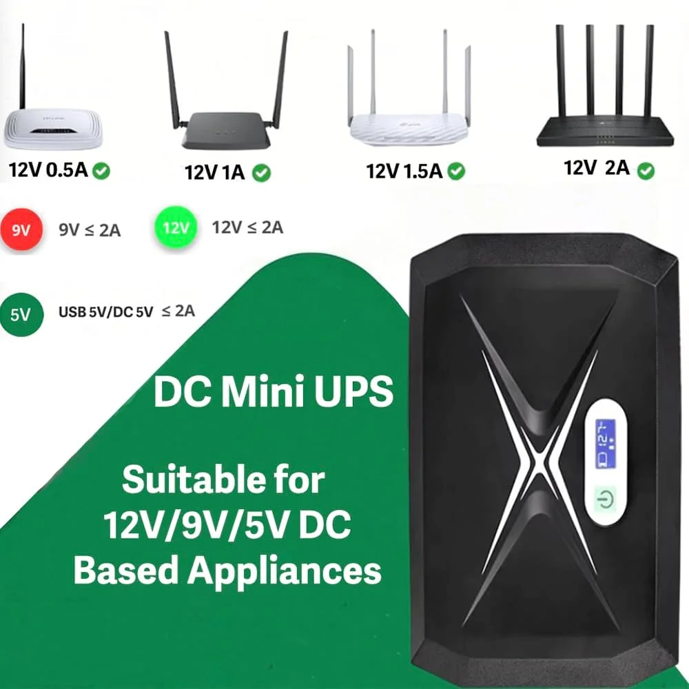 منبع تغذیه پشتیبان کوچک برای روتر وای فای/مودم/دستگاه گیرنده دیجیتال. باتری 10400mAh. پشتیبانی از روترهای 9V/12V-1A/1.5A/2A. درگاه USB 5V برای شارژ تلفن، پشتیبانی از محافظت در برابر افزایش جریان و تخلیه عمیق منبع تغذیه پشتیبان کوچک برای روتر وای فای/مودم/دستگاه گیرنده دیجیتال. باتری 10400mAh. پشتیبانی از روترهای 9V/12V-1A/1.5A/2A. درگاه USB 5V برای شارژ تلفن، پشتیبانی از محافظت در برابر افزایش جریان و تخلیه عمیق
