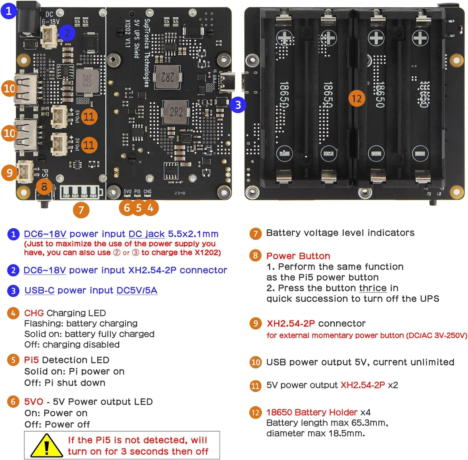 منبع تغذیه بدون وقفه (UPS) گیگ ورم X1202 برای رزبری پای 5، منبع تغذیه بدون وقفه 4 سلولی 18650 (حداکثر خروجی 5.1 ولت 5 آمپر) با ورودی گسترده 6-18 ولت | روشن شدن خودکار | خاموش شدن ایمن | تشخیص قطع برق